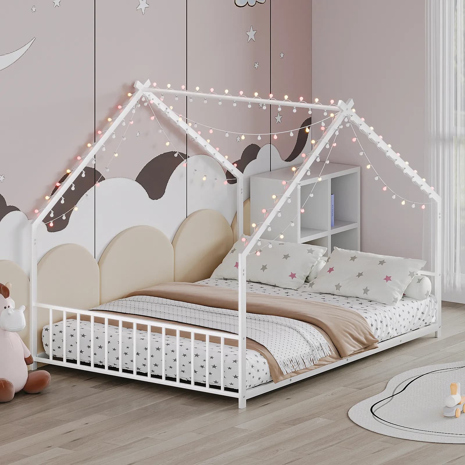 Full size children's bed frame with LED light strips, roof-shaped iron frame bed, White,…