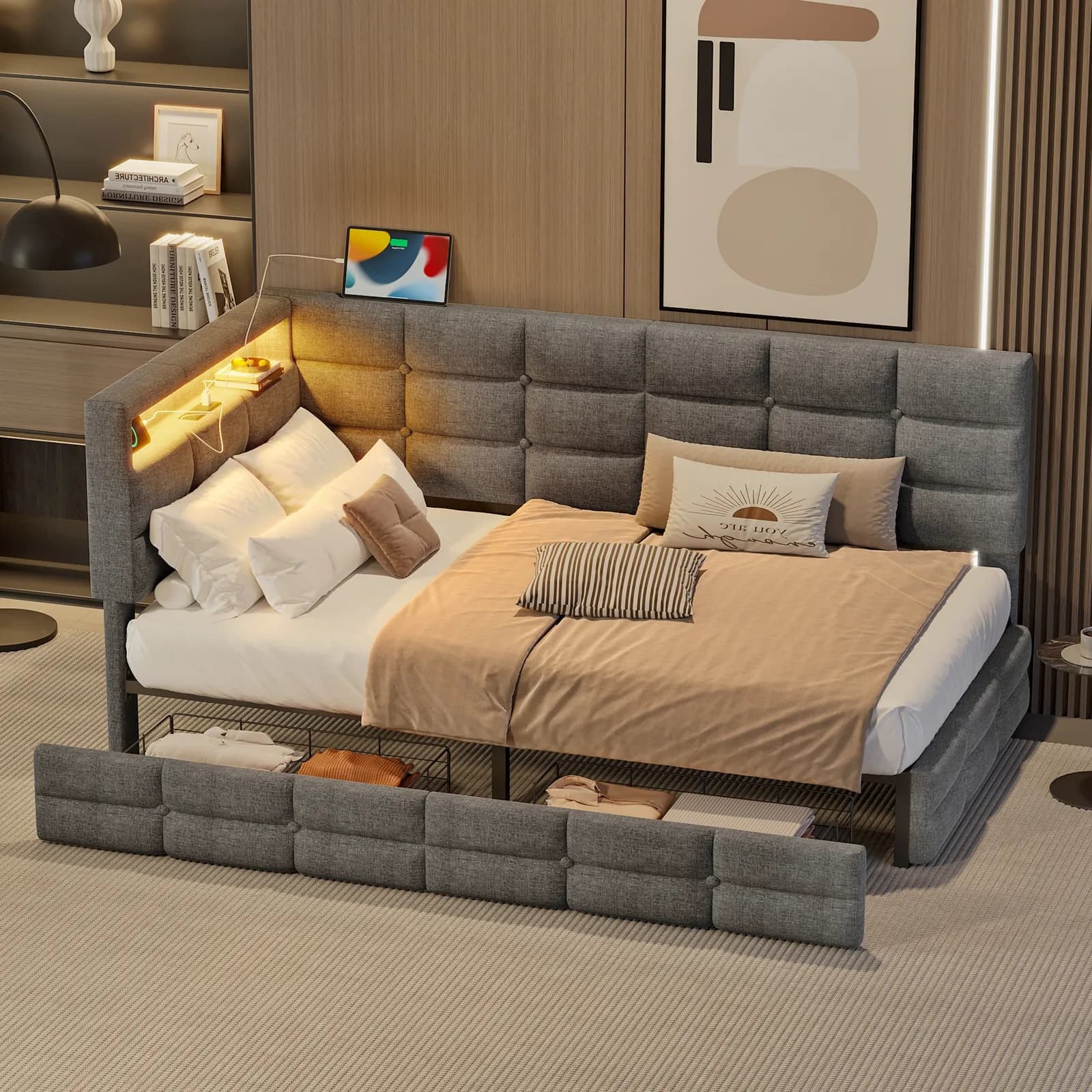 Upholstered Twin Size Daybed with Storage 2 Drawers and Charging Station, Day Bed Frame…