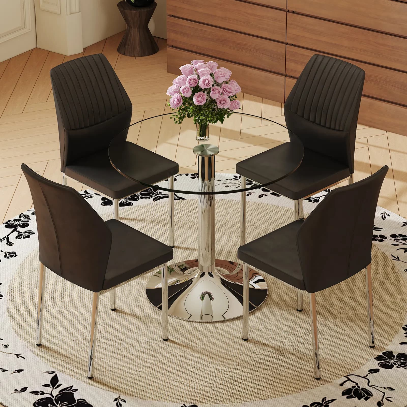 Table and chair set, A 35" Transparent Tempered Glass Round Dining Table-Silver Metal…