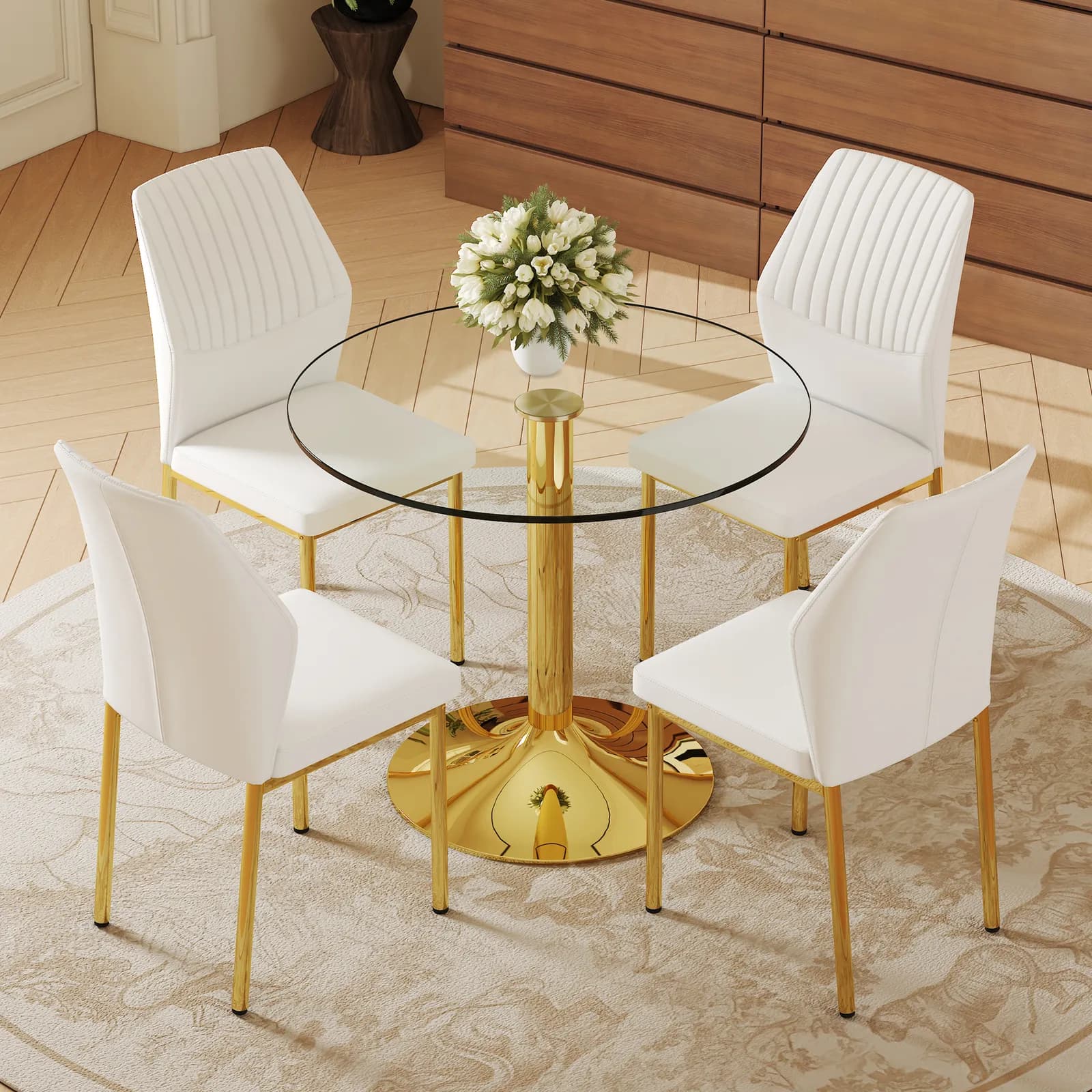 Table and chair set, A 35" Transparent Tempered Glass Round Dining Table-Gold Metal…