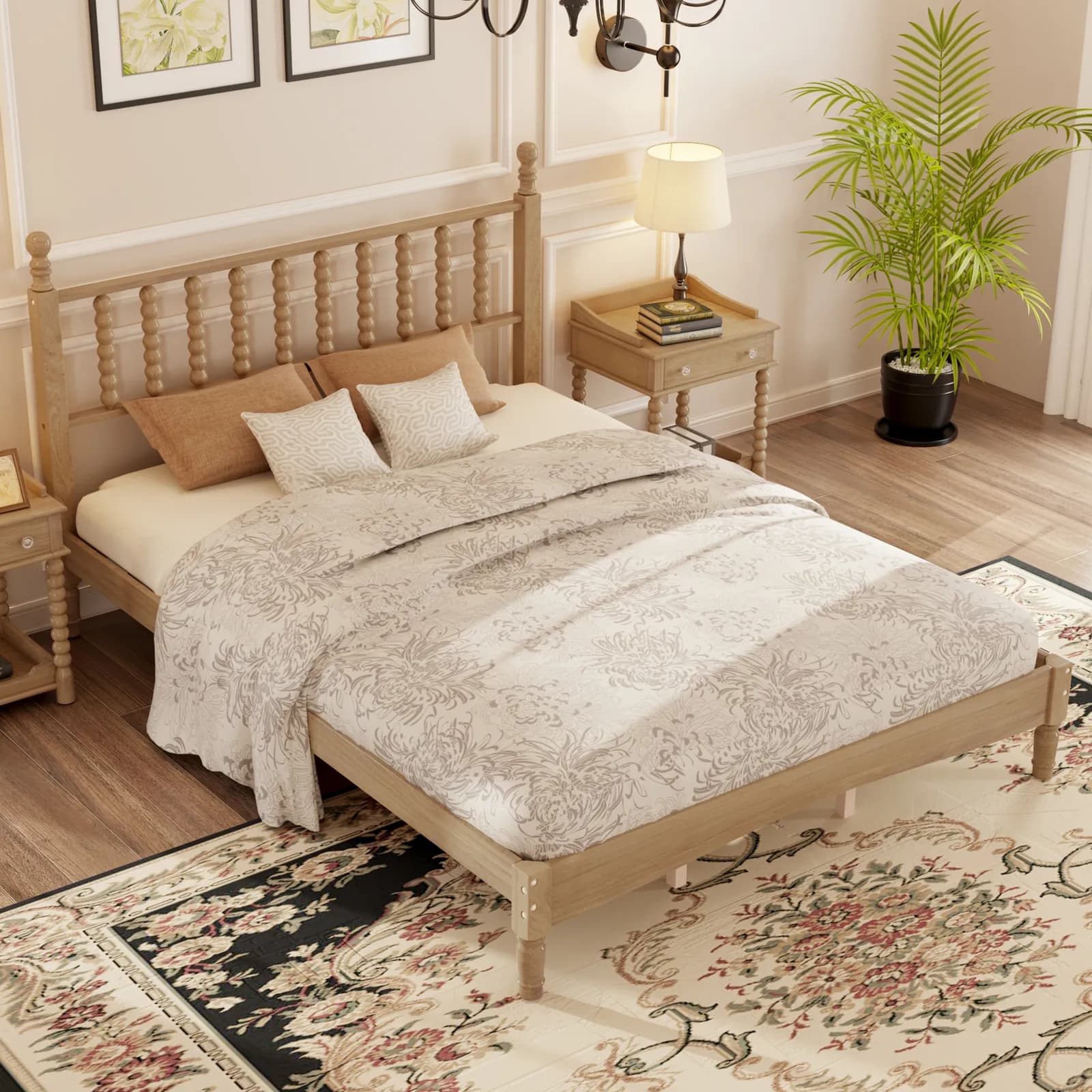Queen Size Wood Platform Bed with Gourd Shaped Headboard, Retro Style Platform Bed with…