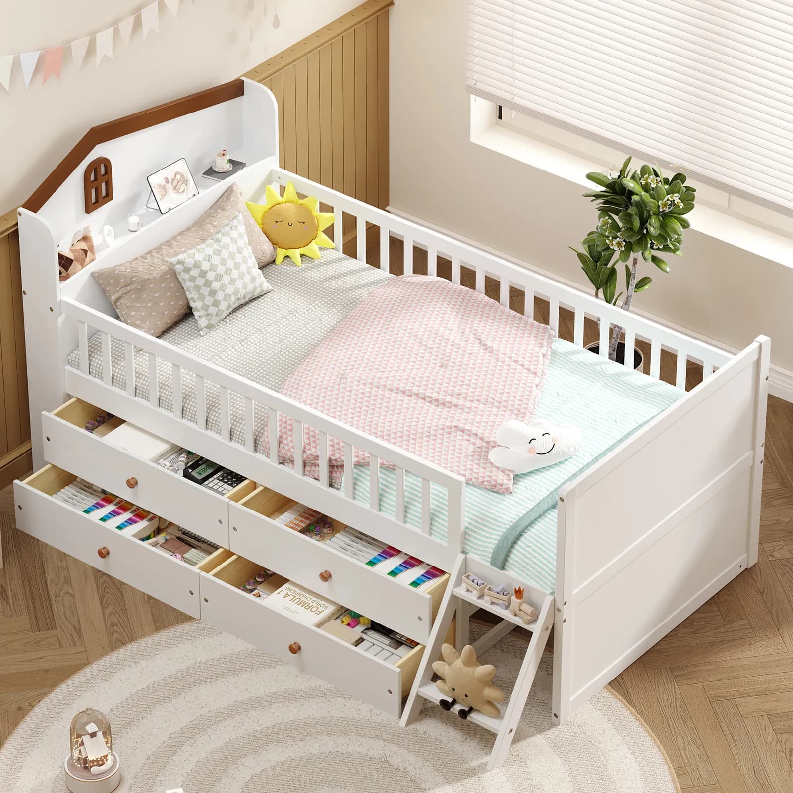 Twin Bed Frame with Storage 4 Drawers, Wooden Bed Frame for Kids, Platform Twin Size Bed…
