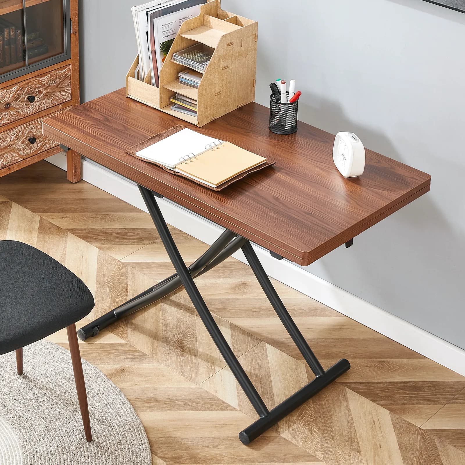 Modern minimalist multifunctional lift table with 0, 8 inch thick MDF desktop and black…