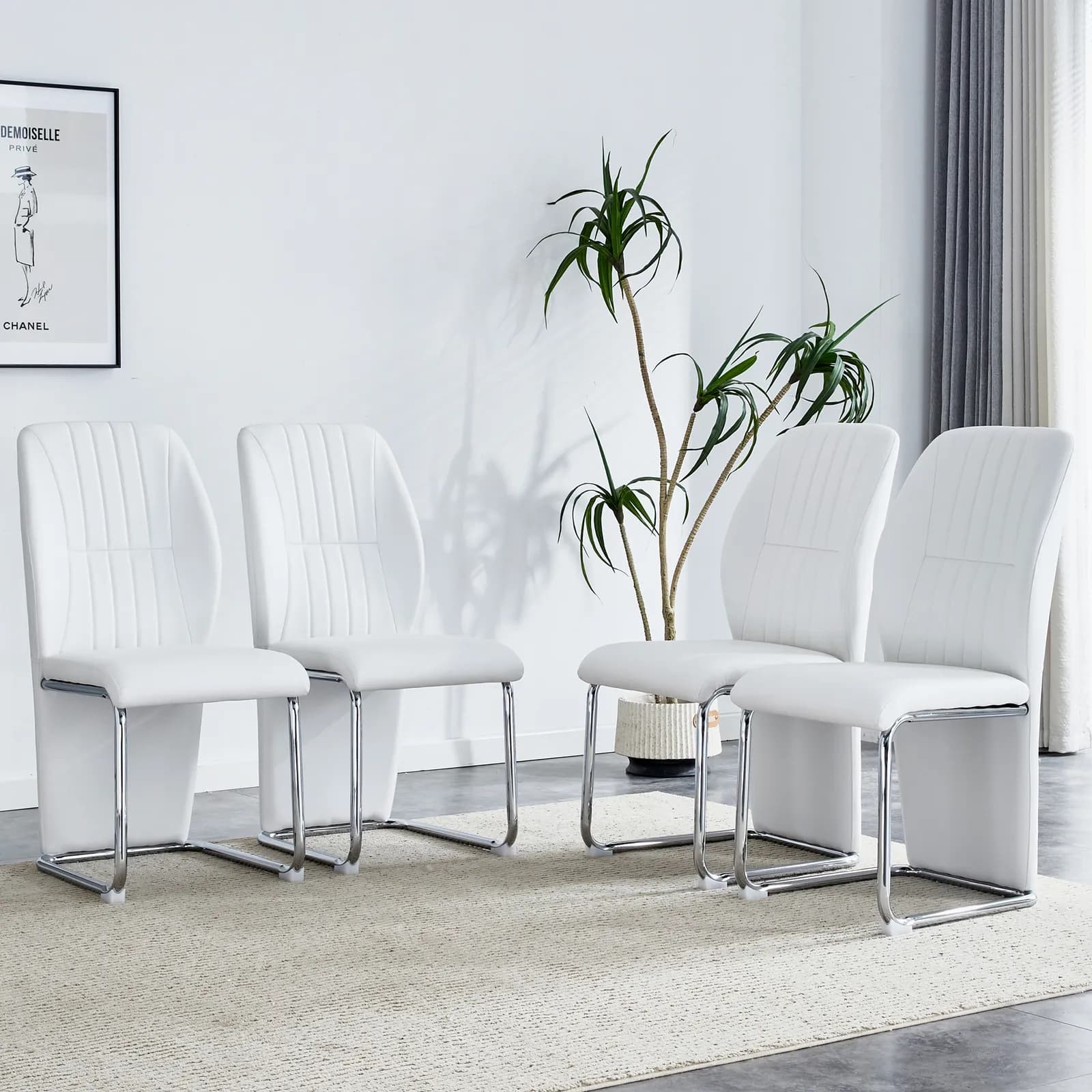 Set of 4 dining chairs, white dining chair set, PU material high backrest seats and…