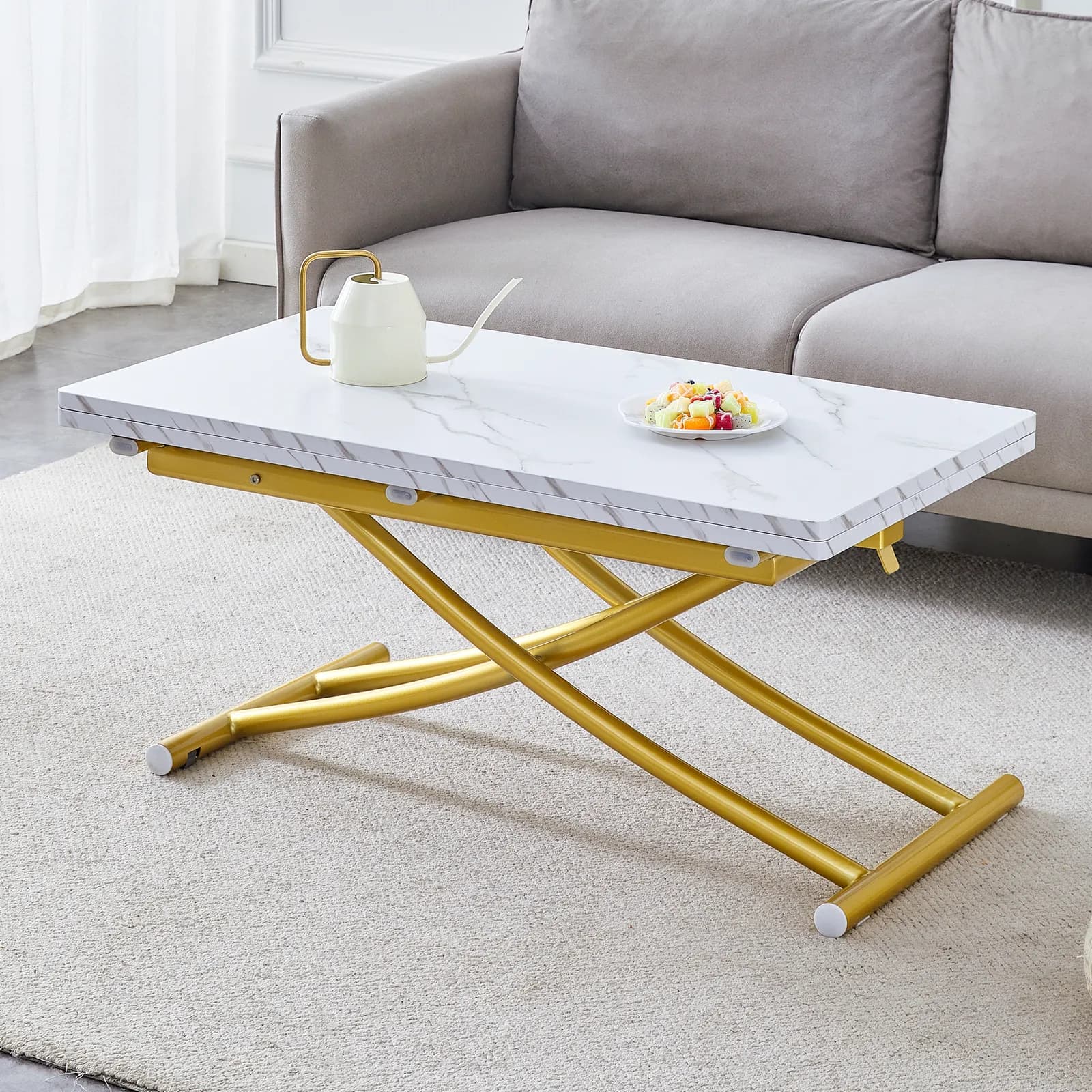 Modern minimalist multifunctional lift table with 0, 8 inch thick MDF desktop and golden…