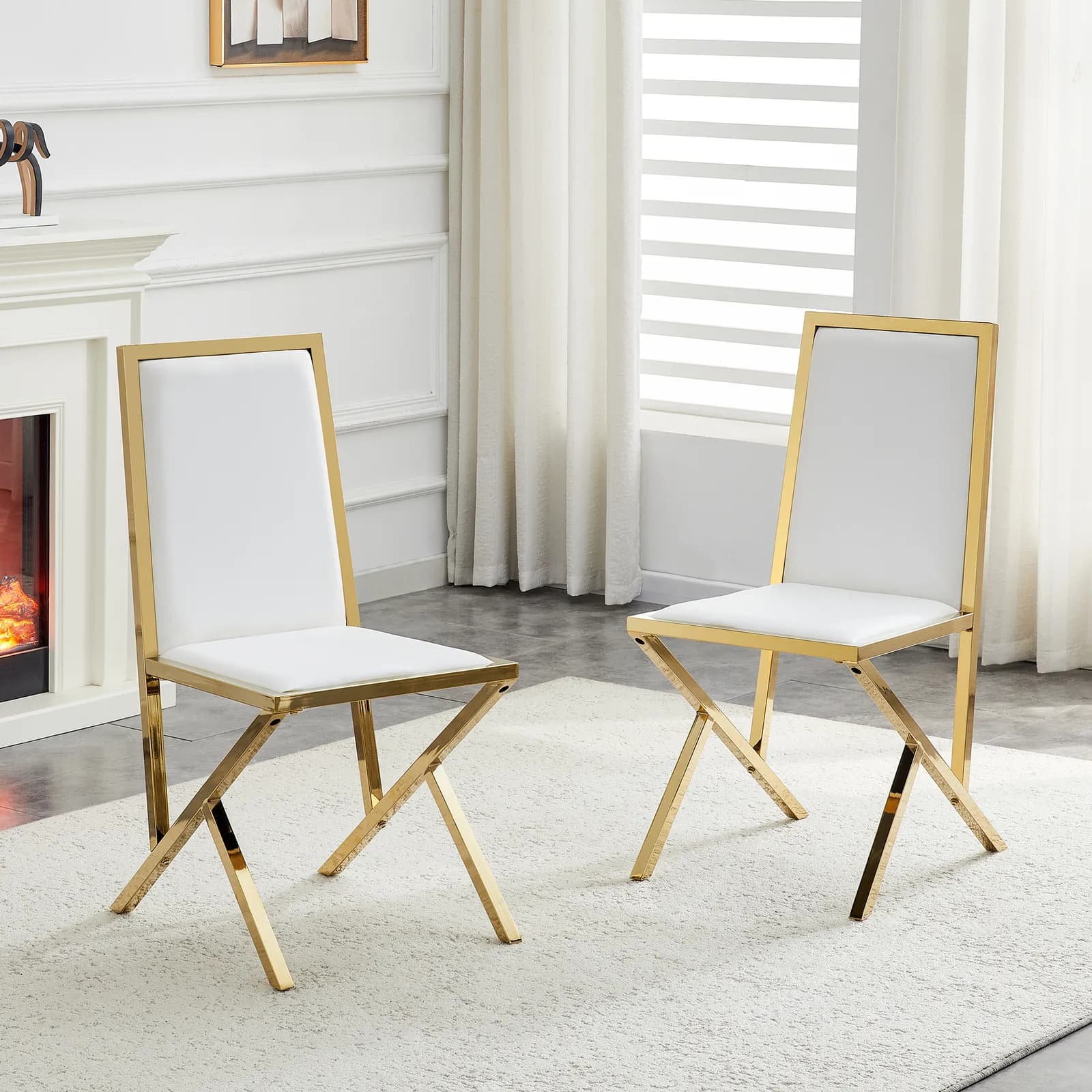 2-pack gold metal framed white PU dining chairs: ergonomic design, a simple and luxurious…