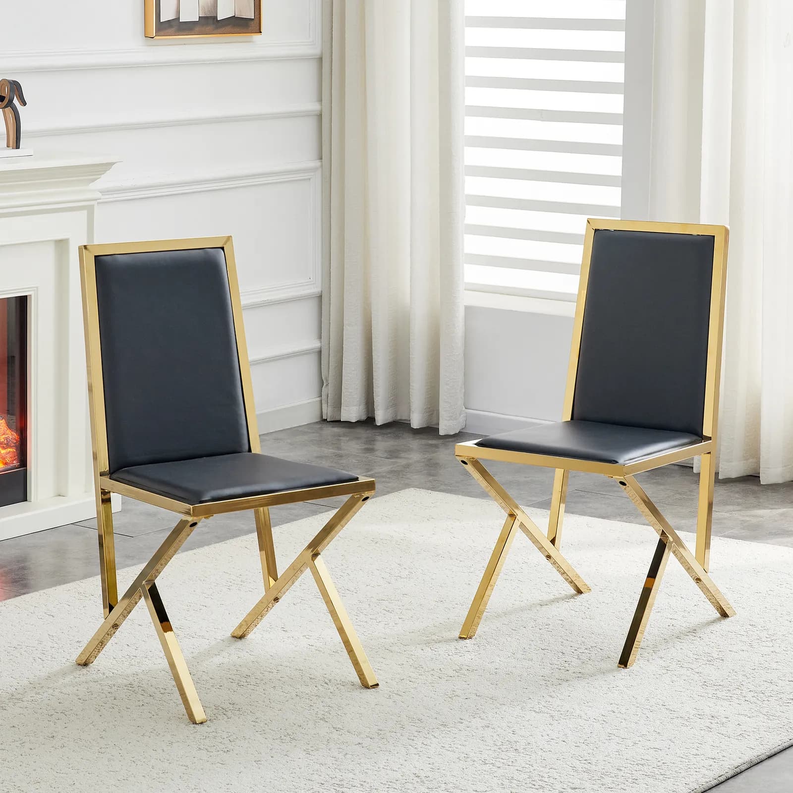 2-pack gold metal framed black PU dining chairs: ergonomic design, a simple and luxurious…