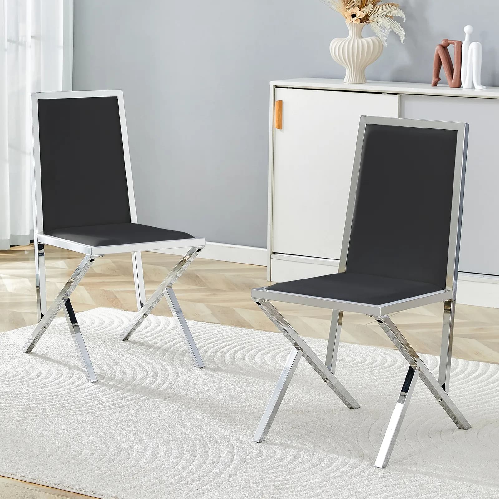 2-pack silver metal framed BLACK PU dining chairs: ergonomic design, a simple and…