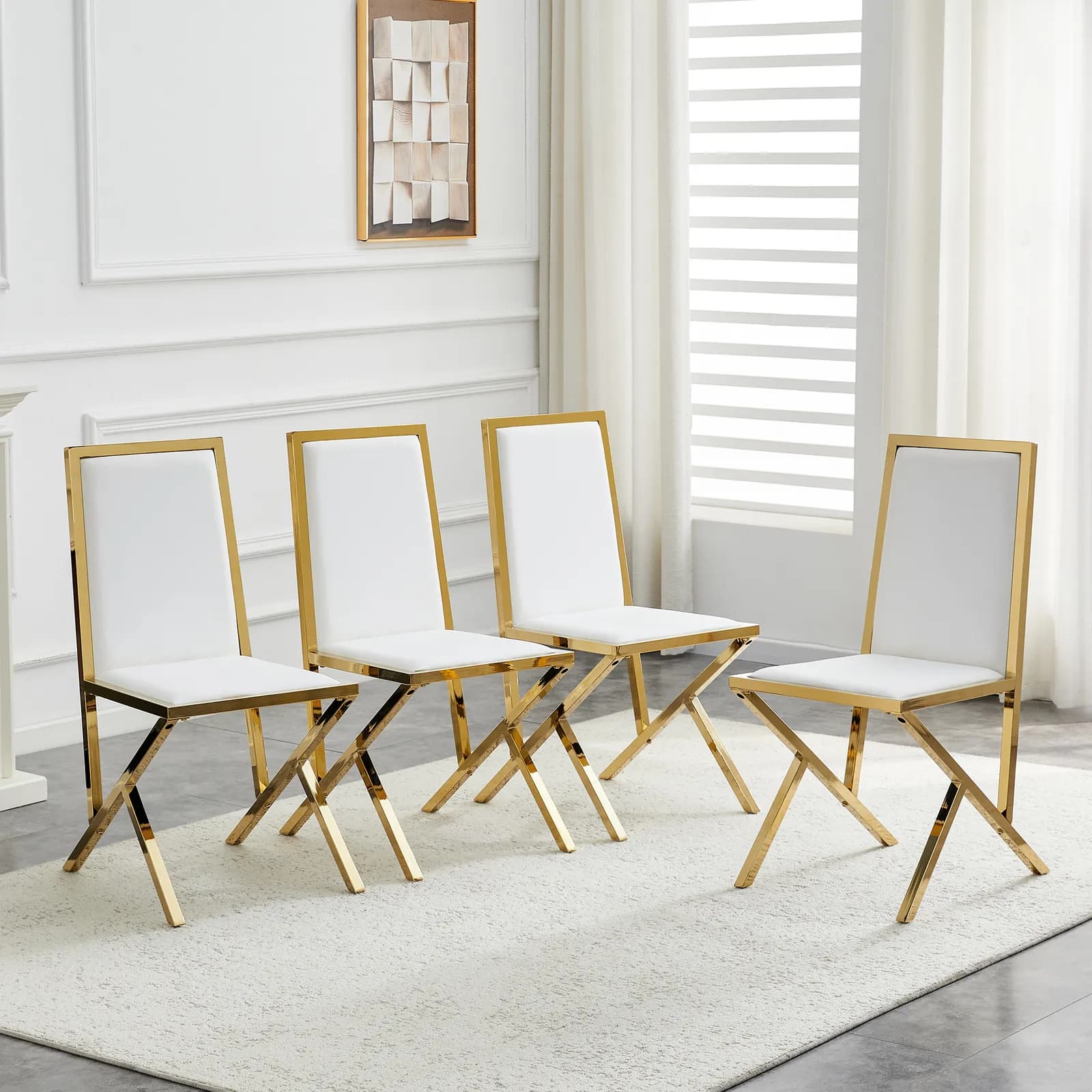 4-pack gold metal framed white PU dining chairs: ergonomic design, a simple and luxurious…