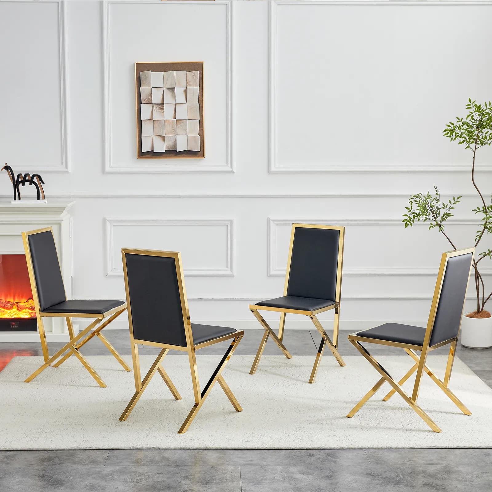 4-pack gold metal framed black PU dining chairs: ergonomic design, a simple and luxurious…