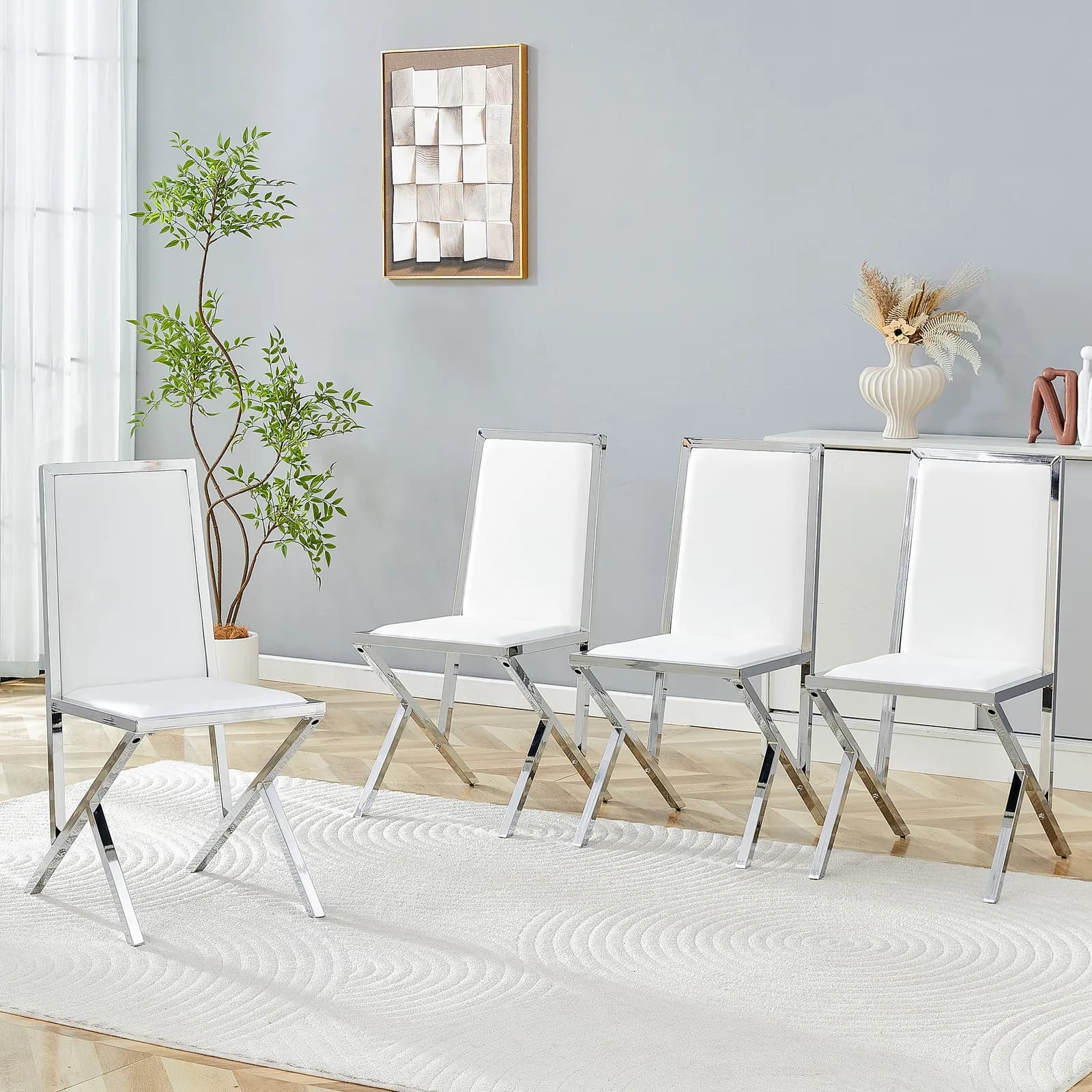 4-pack silver metal framed white PU dining chairs: ergonomic design, a simple and…