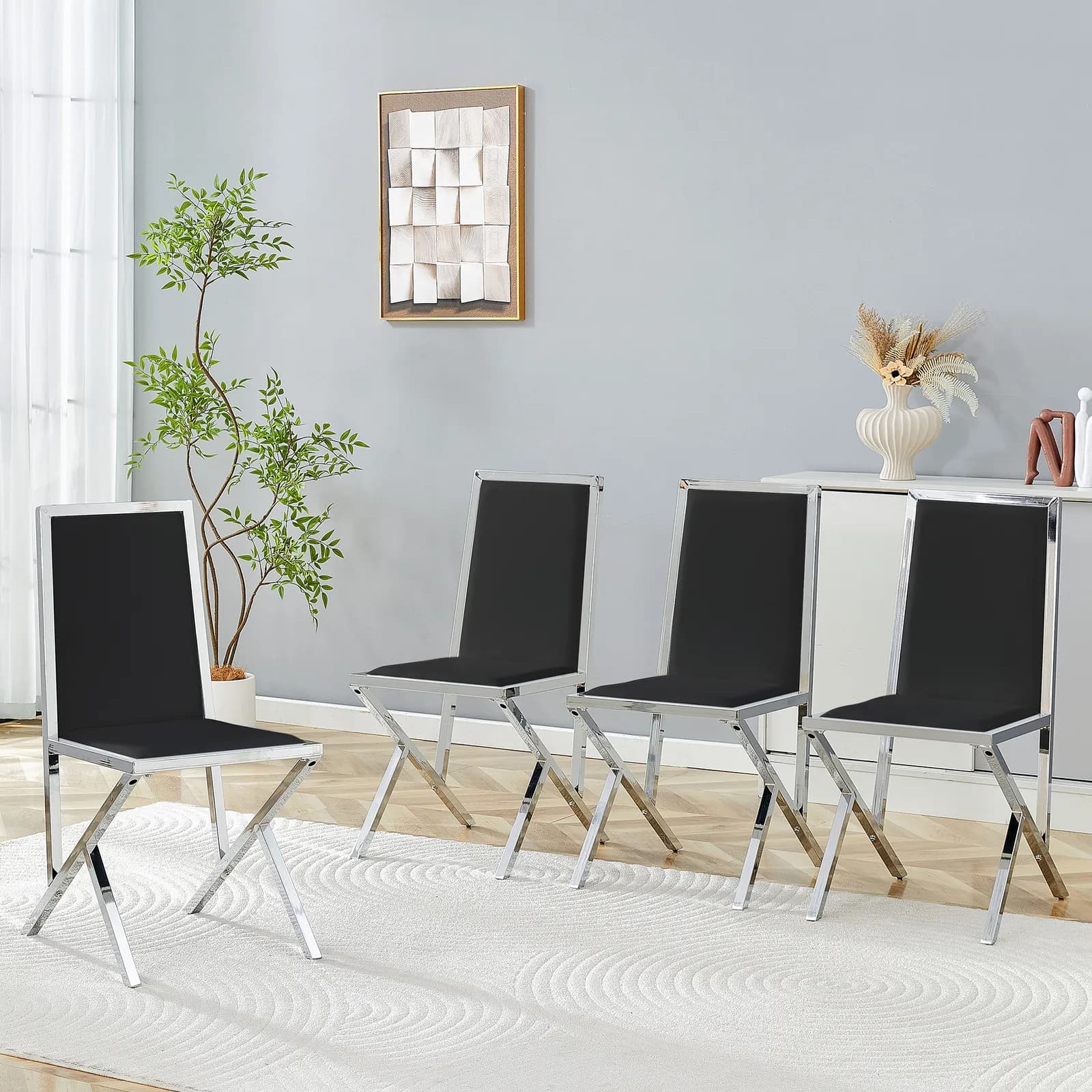 4-pack silver metal framed black PU dining chairs: ergonomic design, a simple and…