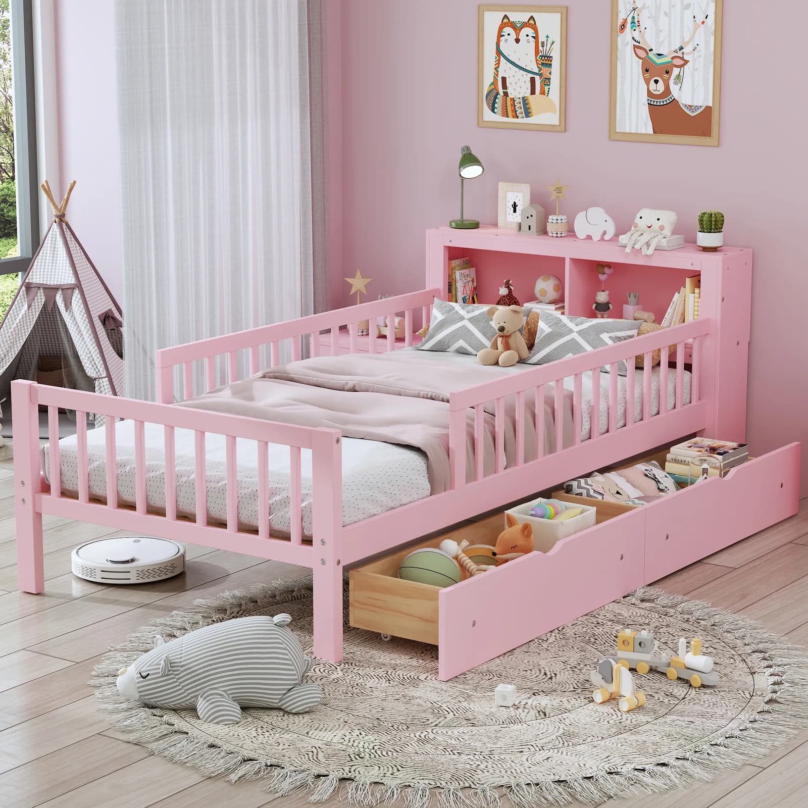 Twin Size Bed with Headboard Storage Rack, Two Under-Bed Drawers, Three-Side Guardrails…