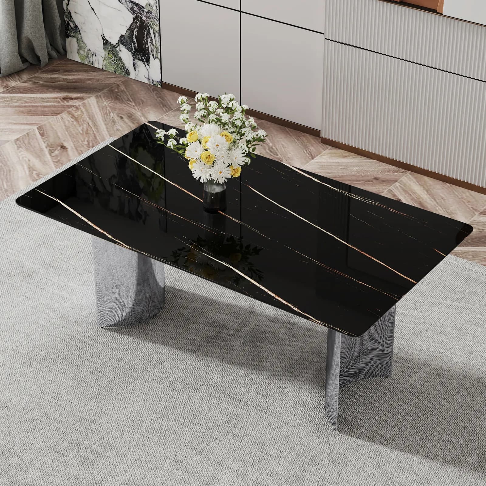 Modern minimalist dining table, The black imitation marble glass desktop is equipped with…
