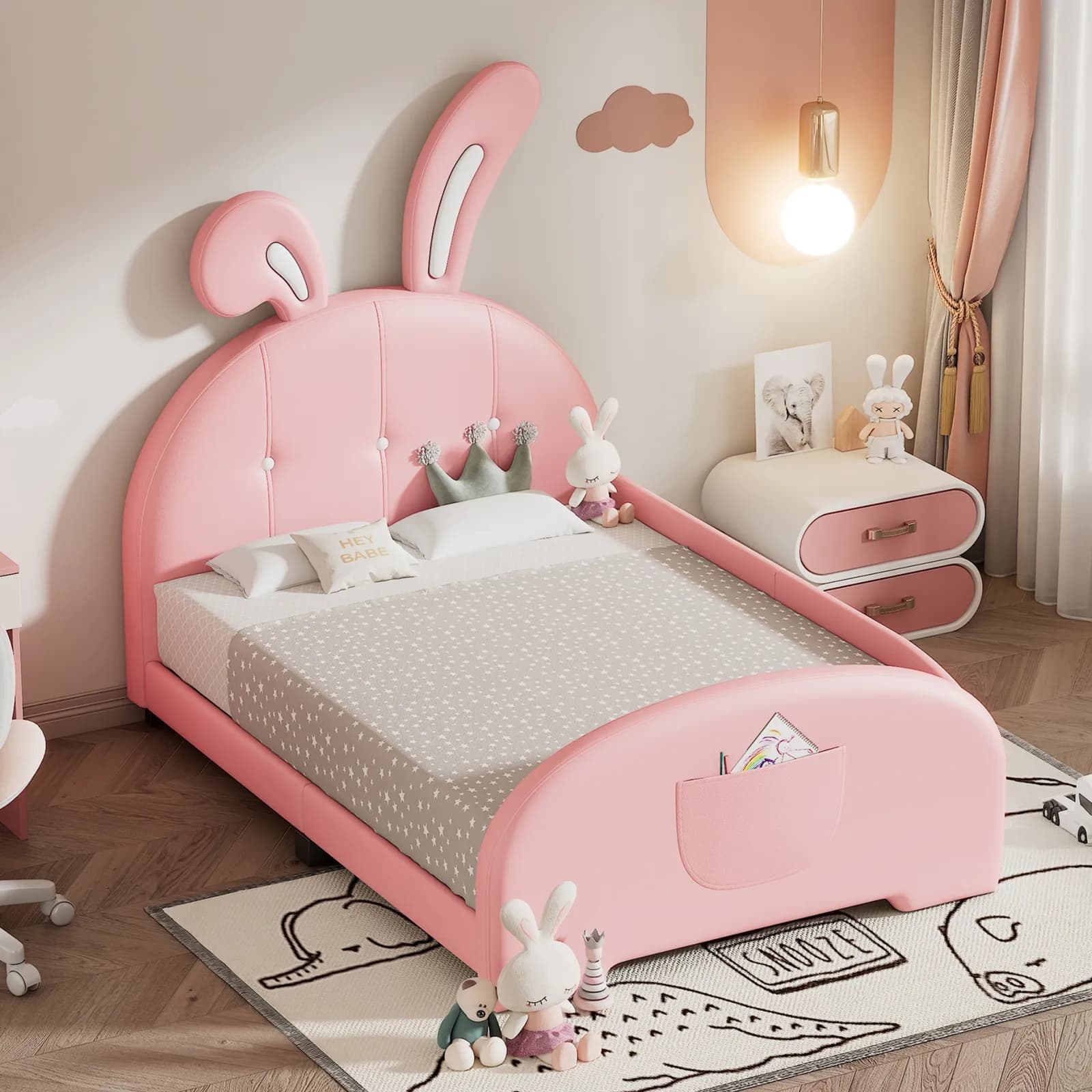 Twin size Upholstered Rabbit-Shape Princess Bed, Twin Size Platform Bed with Headboard…