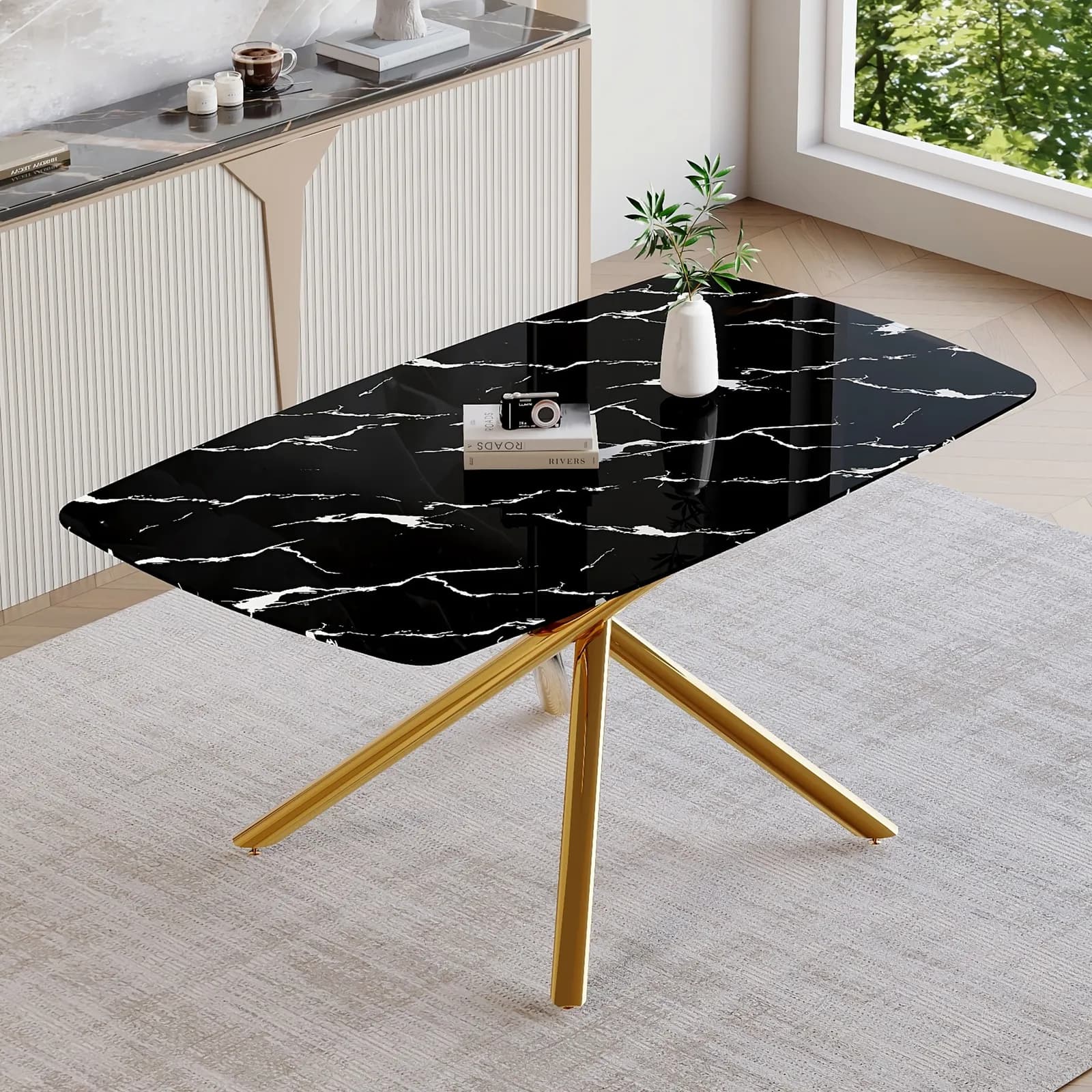 63"x35, 4" Luxurious Black Marble-Patterned Tempered Glass Dining Table, Single Fork…