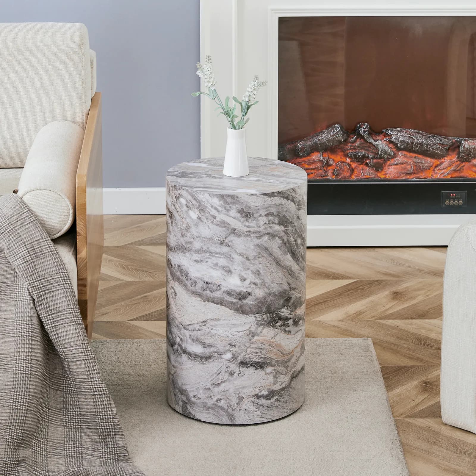 Simple grey marble textured cylindrical coffee table, 12-inch diameter x 19, 7 inch…