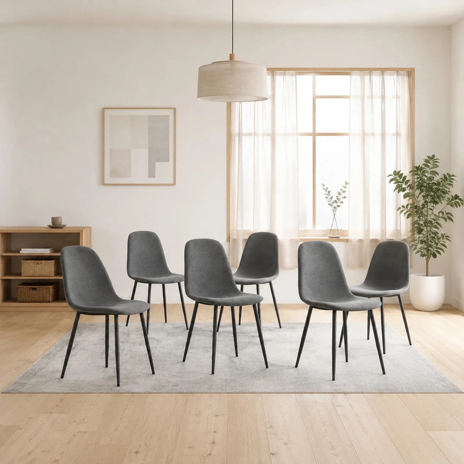Comfortable Linen-Cotton Dining Chair Set - Six Pieces in Dark Gray, Integrated Seat and…