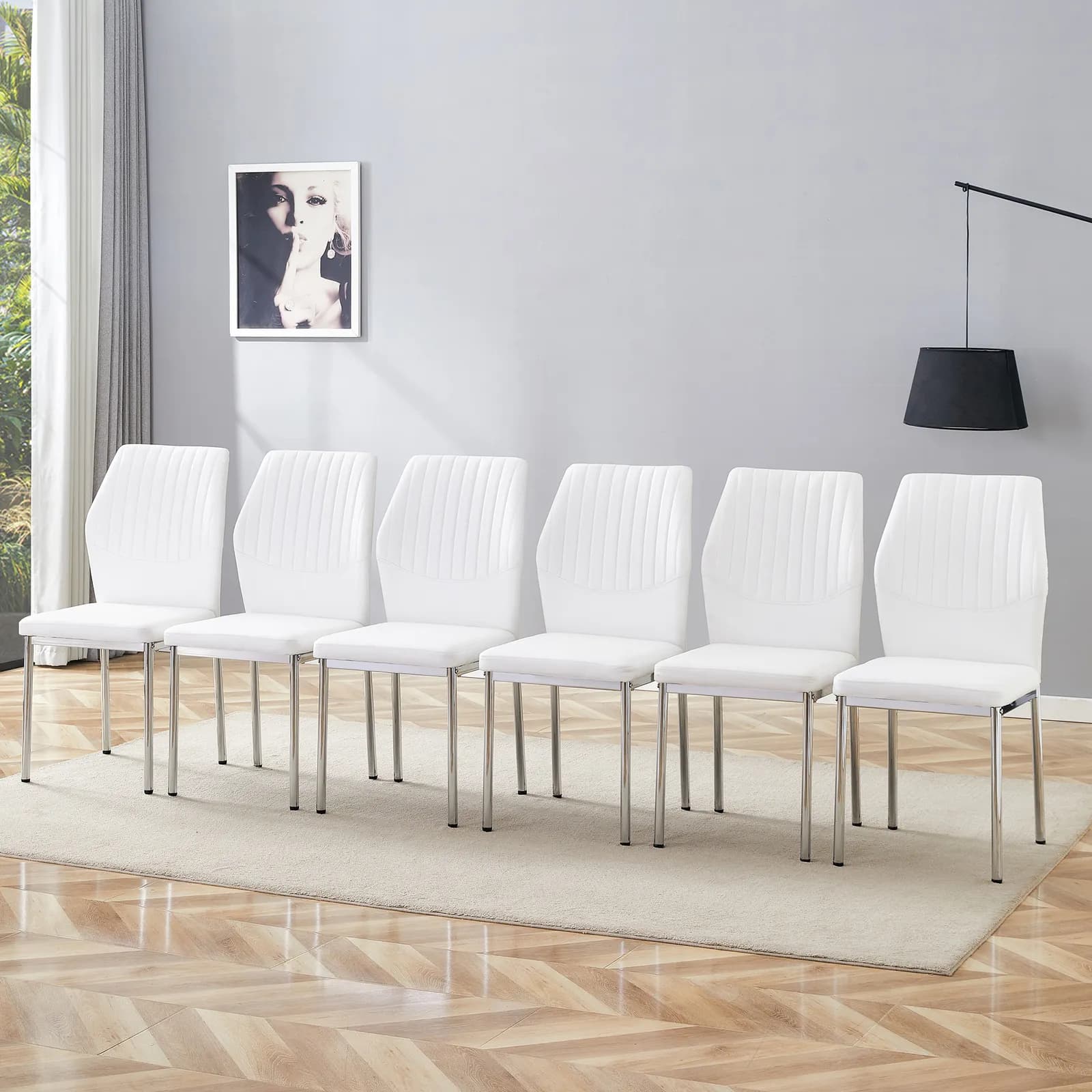 Luxury Simple Chair - Set of 6 White PU Material High Resilience Dining Chair with Metal…
