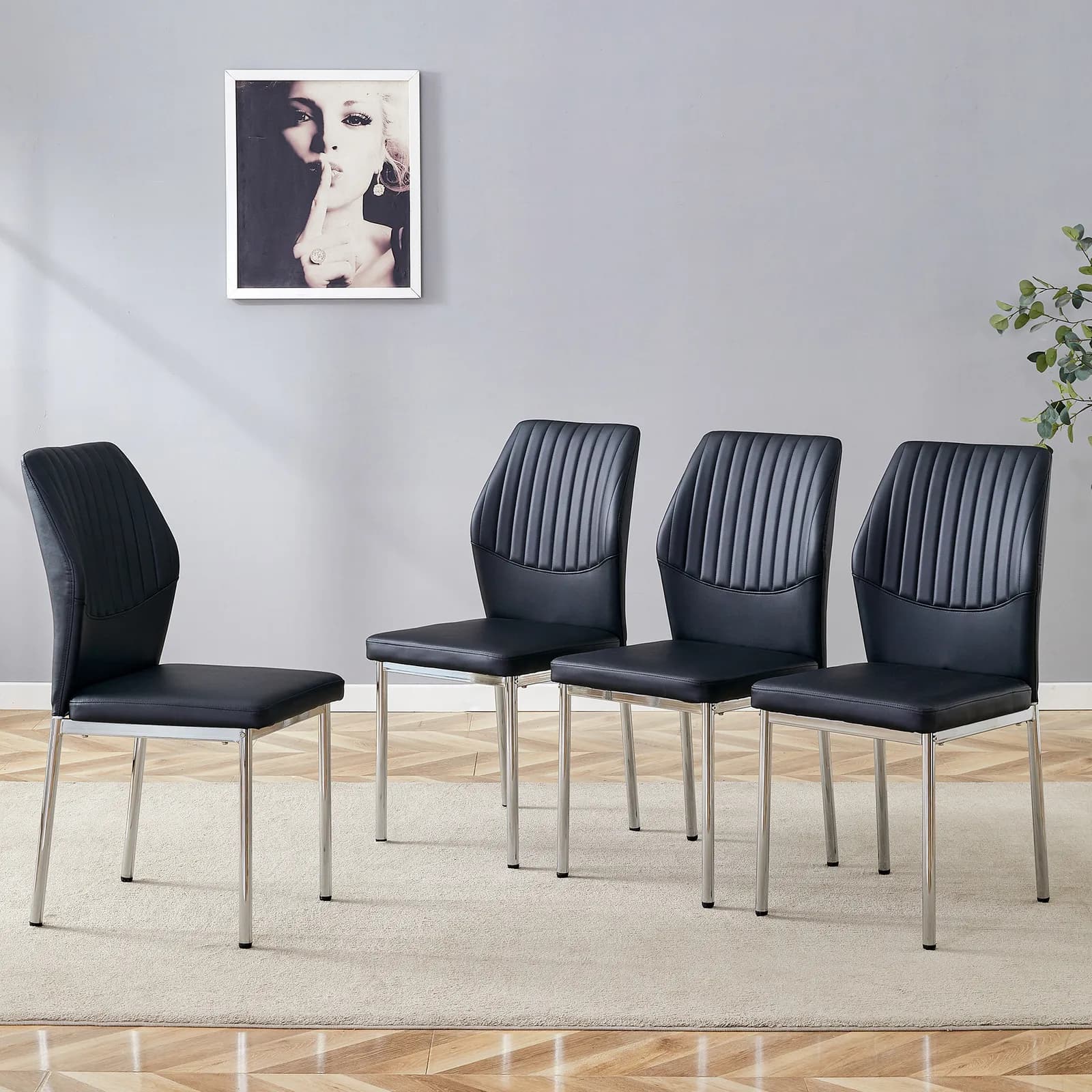 4-piece set of black silver light luxury PU dining chairs: ergonomic backrest, 36, 7…