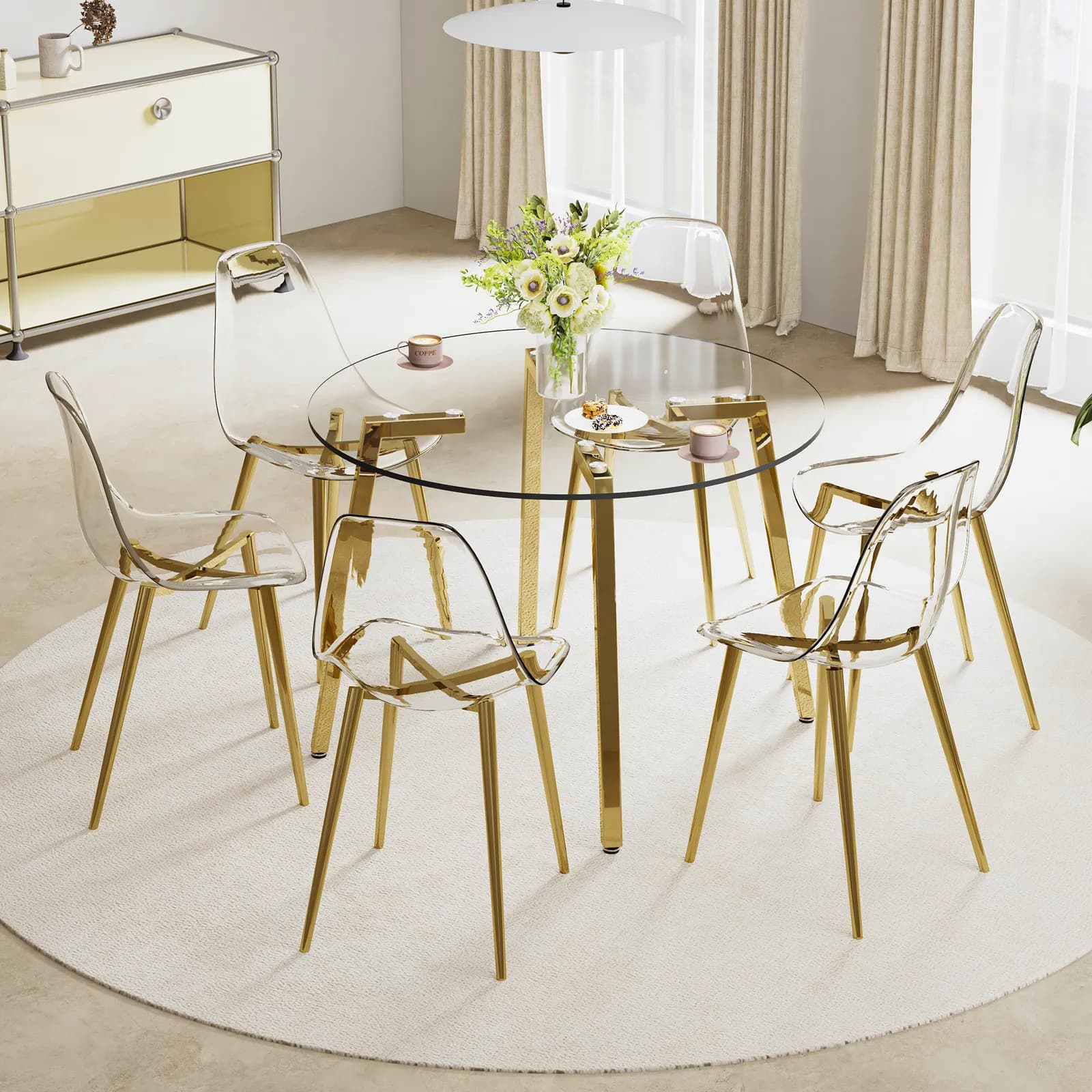 Table and chair set, Modern circular transparent tempered glass table, tempered glass…