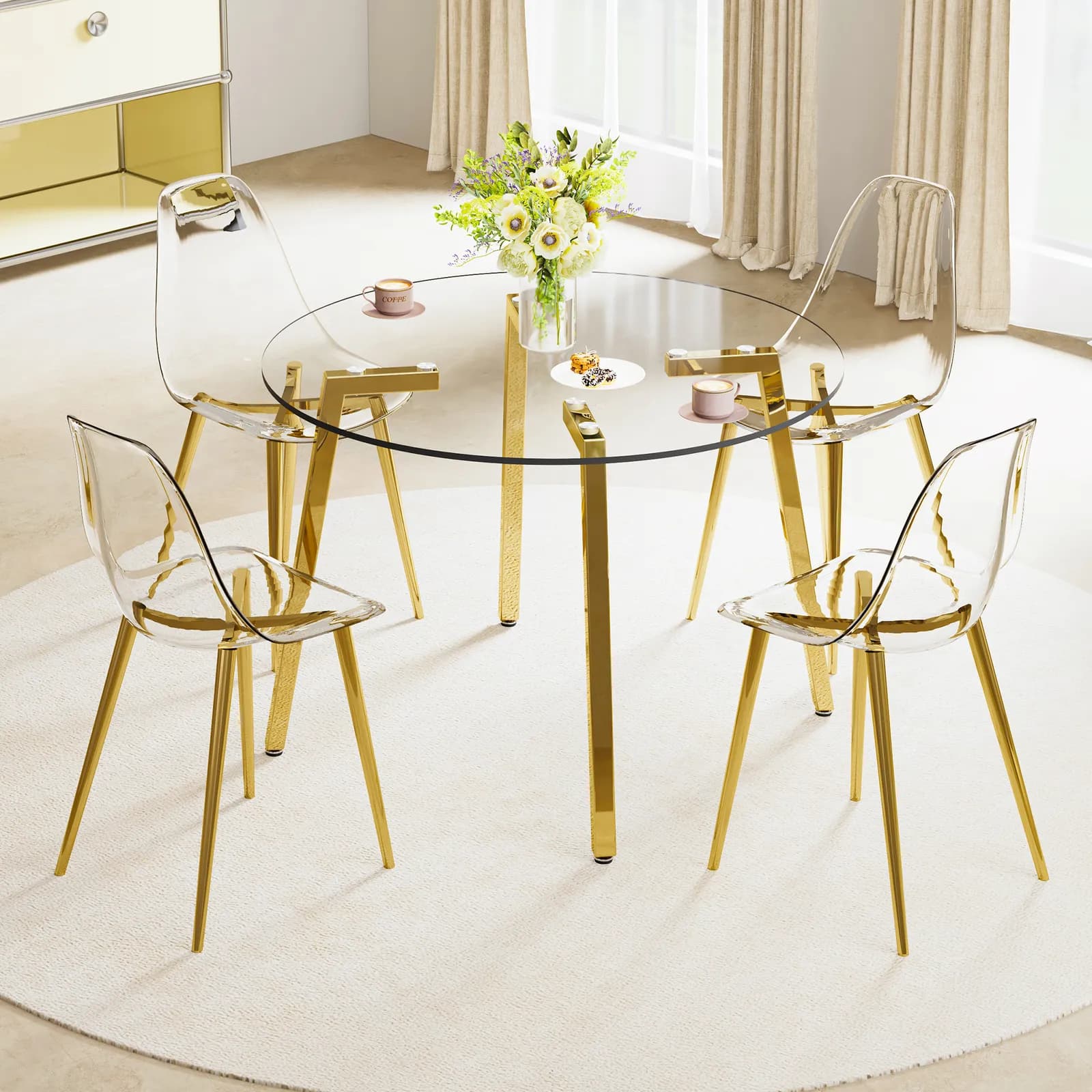 Table and chair set, Modern circular transparent tempered glass table, tempered glass…