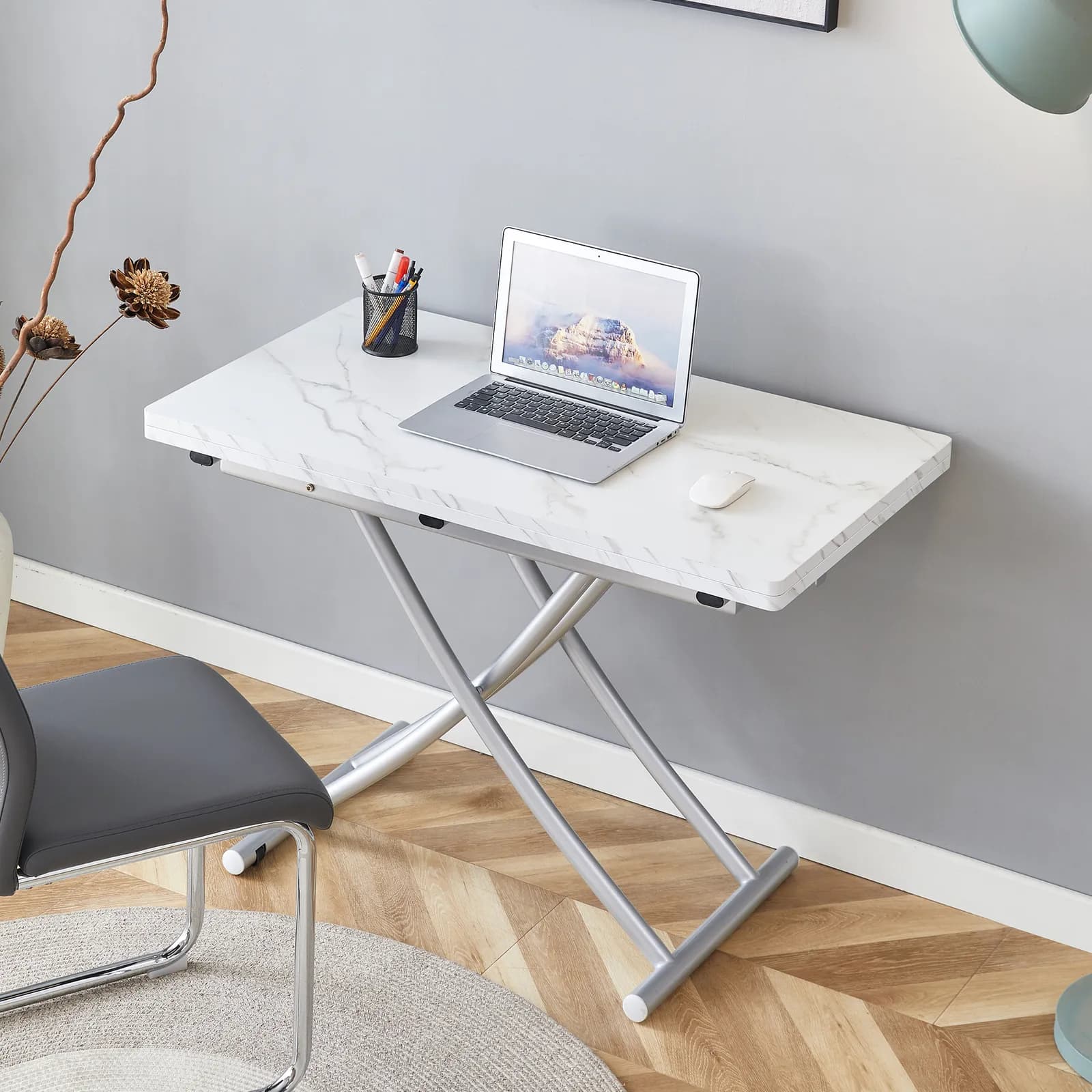 Modern minimalist multifunctional lift table with 0, 8 inch thick MDF desktop and silver…