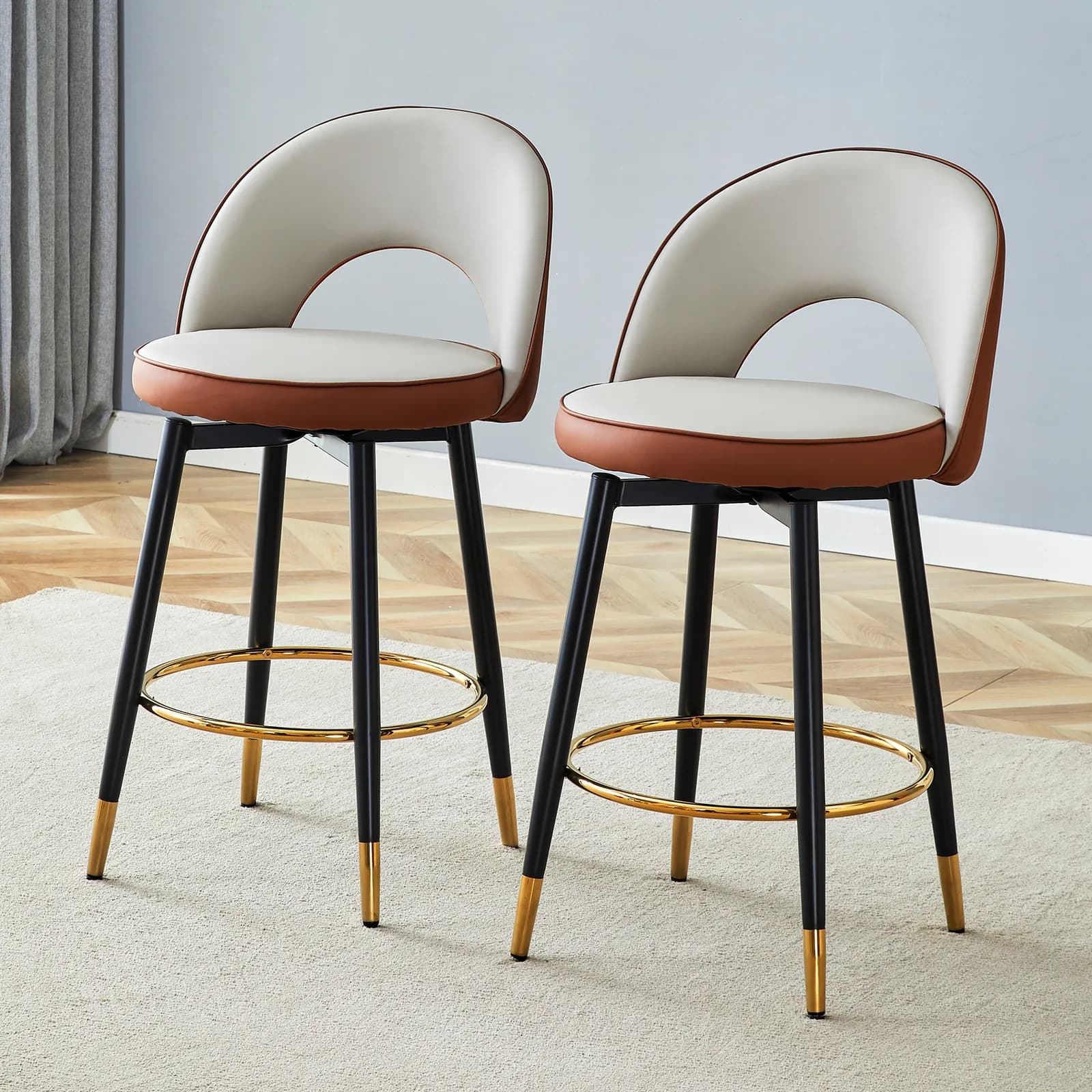 360 ° rotatable bar chair, Modern Brown and Light Gray Spliced Color PU comfortable…