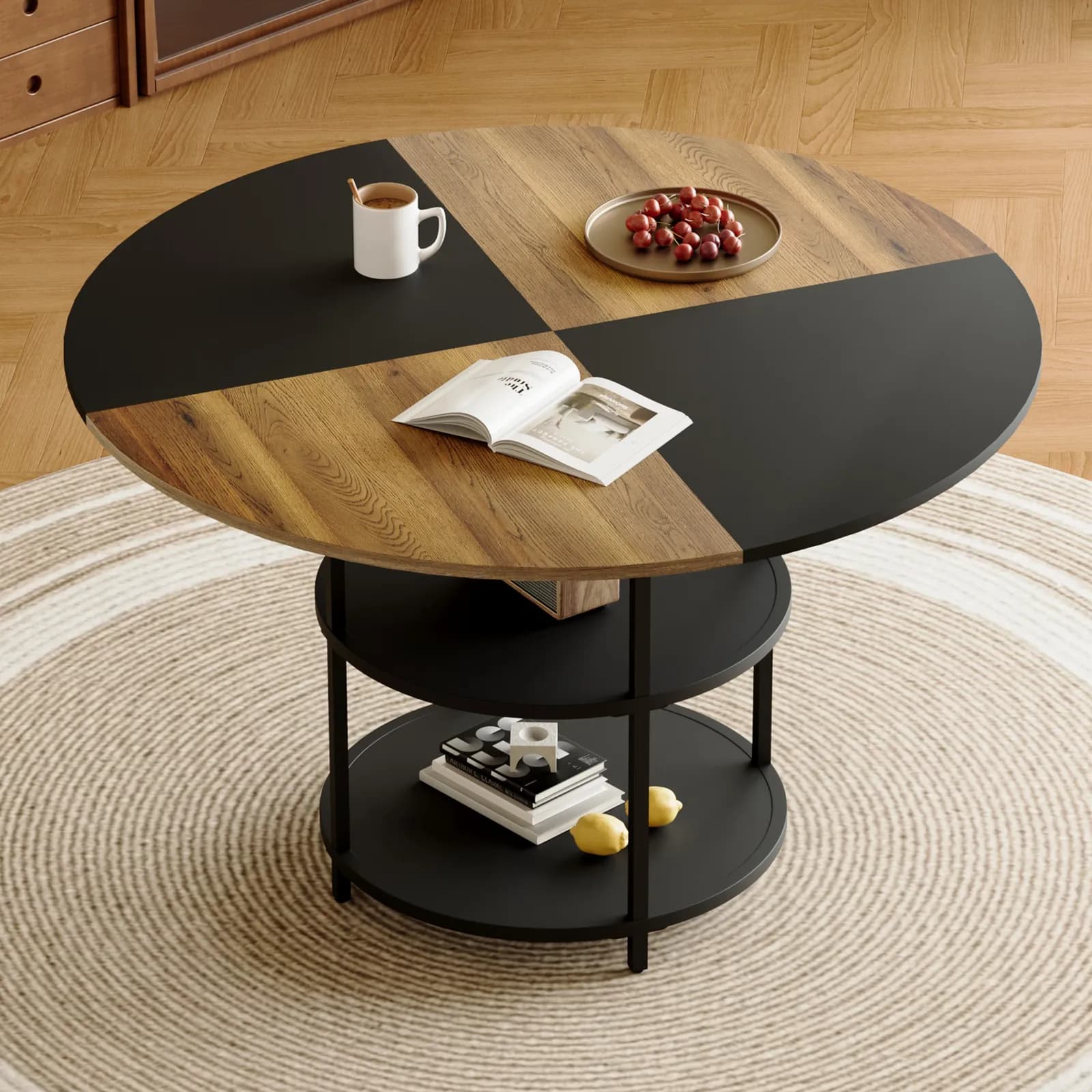 47, 3-inch diameter modern splicing circular dining table - double-layer storage, wood…
