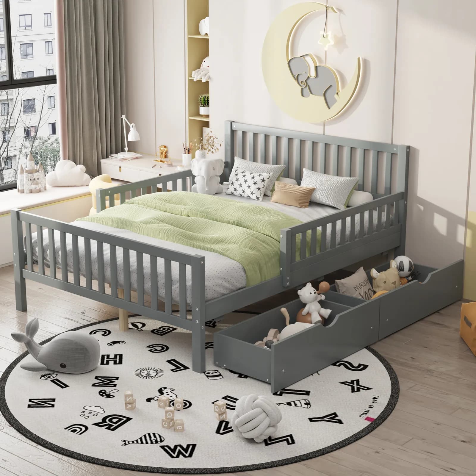 Full Size Wood Platform Bed with Guardrails on Both Sides and Two Storage Drawers, Gray
