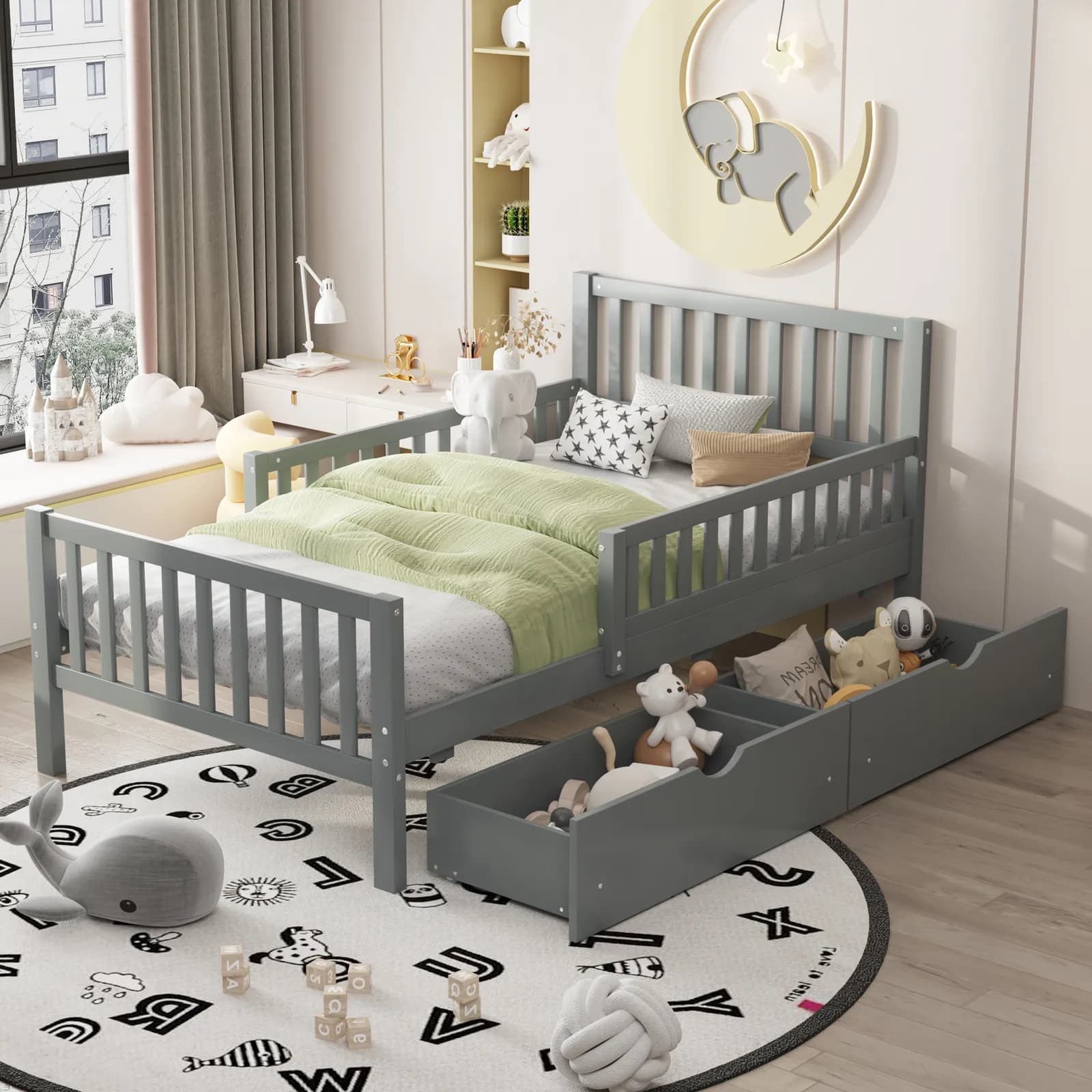 Twin Size Wood Platform Bed with Guardrails on Both Sides and Two Storage Drawers, Gray