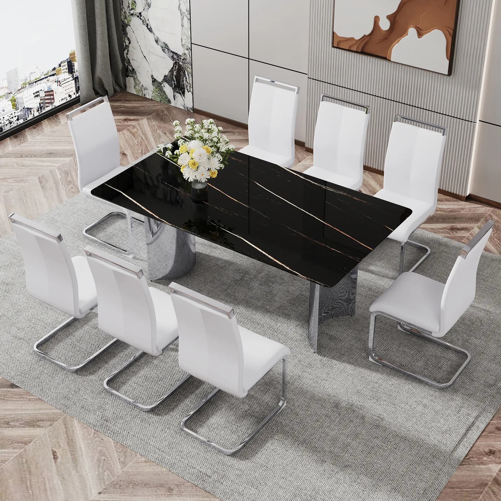 Table and chair set, The table has a glass top with imitation marble pattern stickers and…