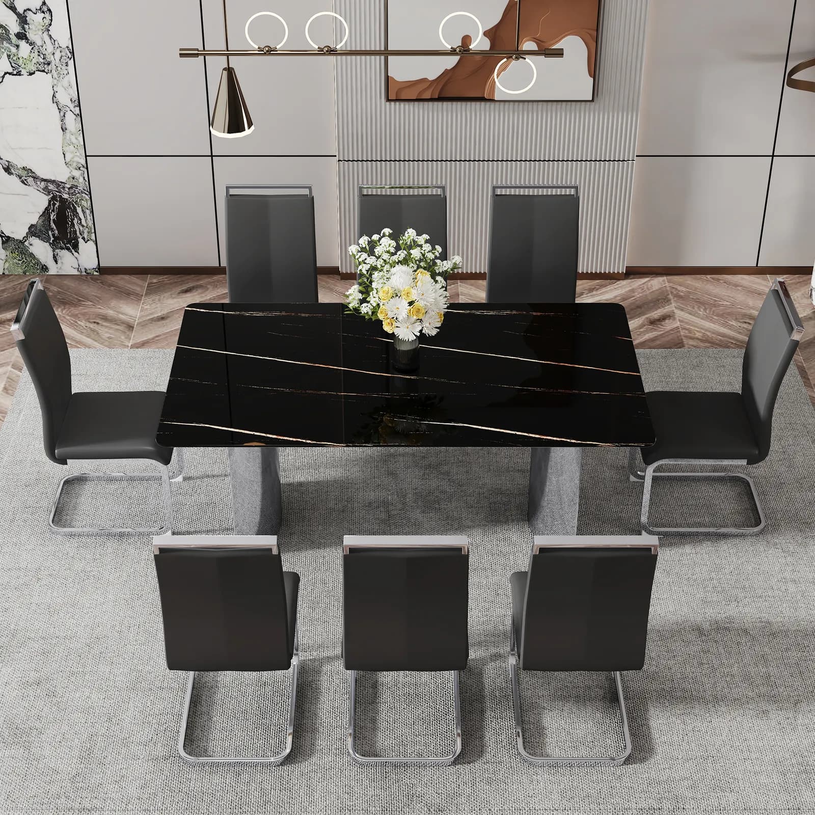 Table and chair set, The table has a glass top with imitation marble pattern stickers and…