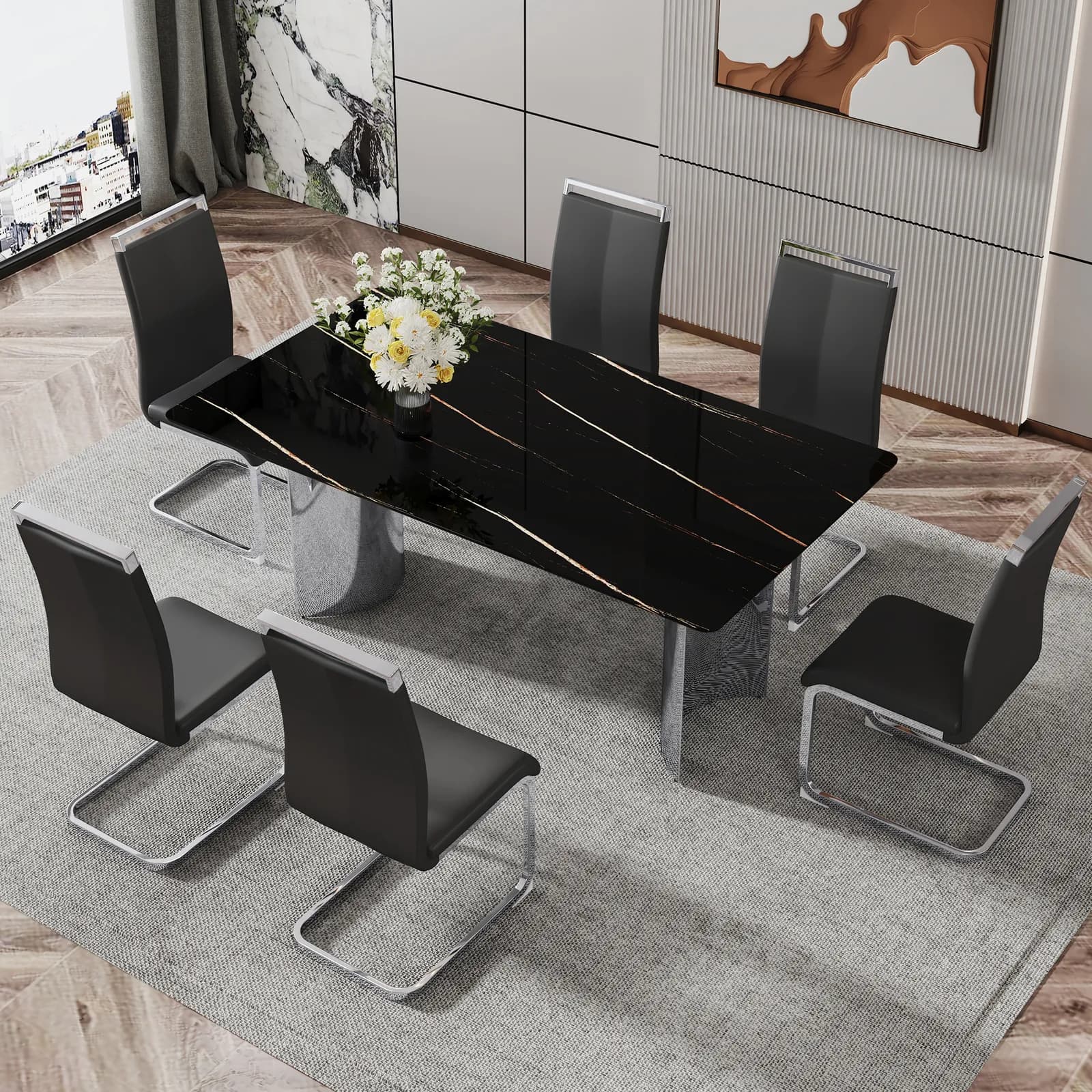 Table and chair set, The table has a glass top with imitation marble pattern stickers and…