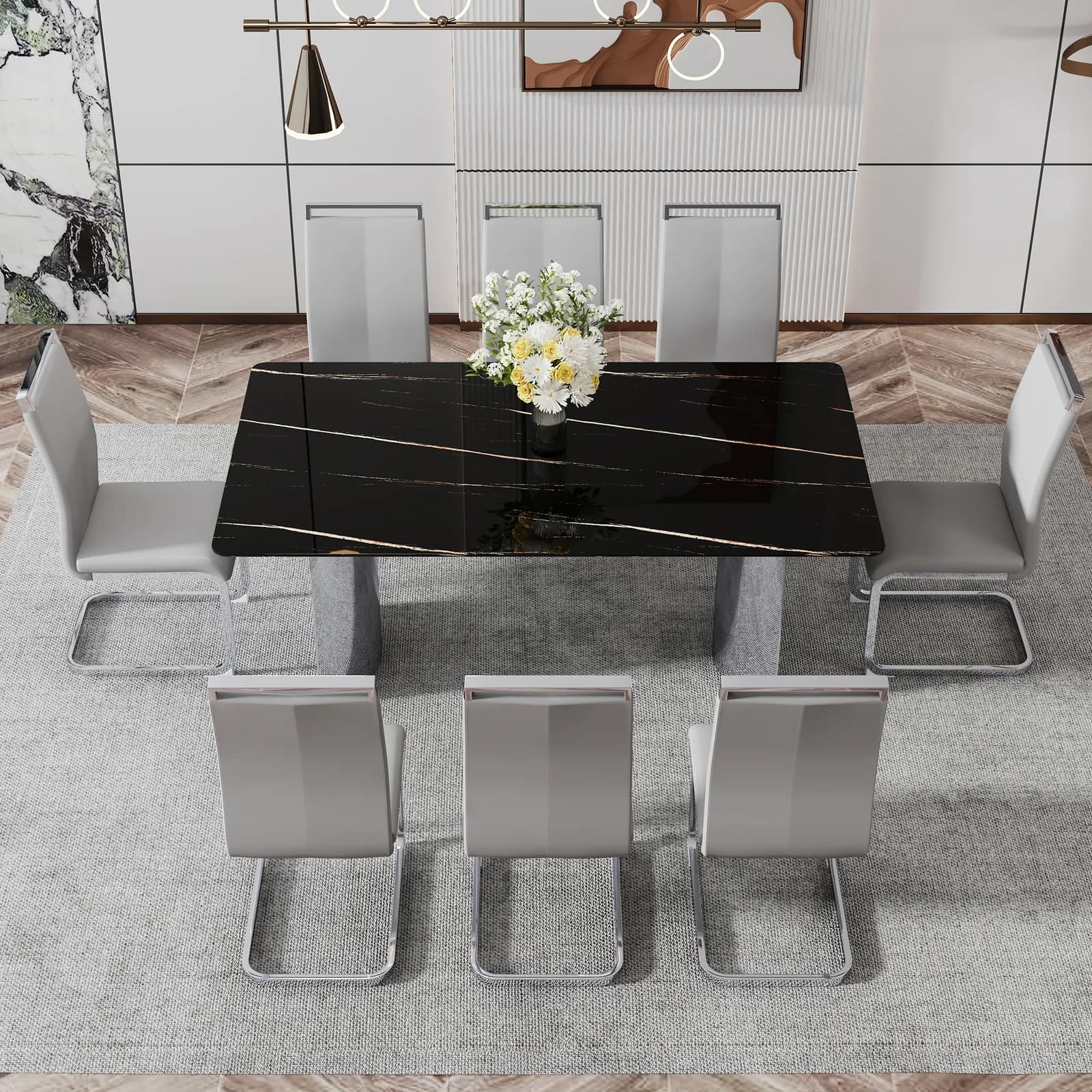 Table and chair set, The table has a glass top with imitation marble pattern stickers and…