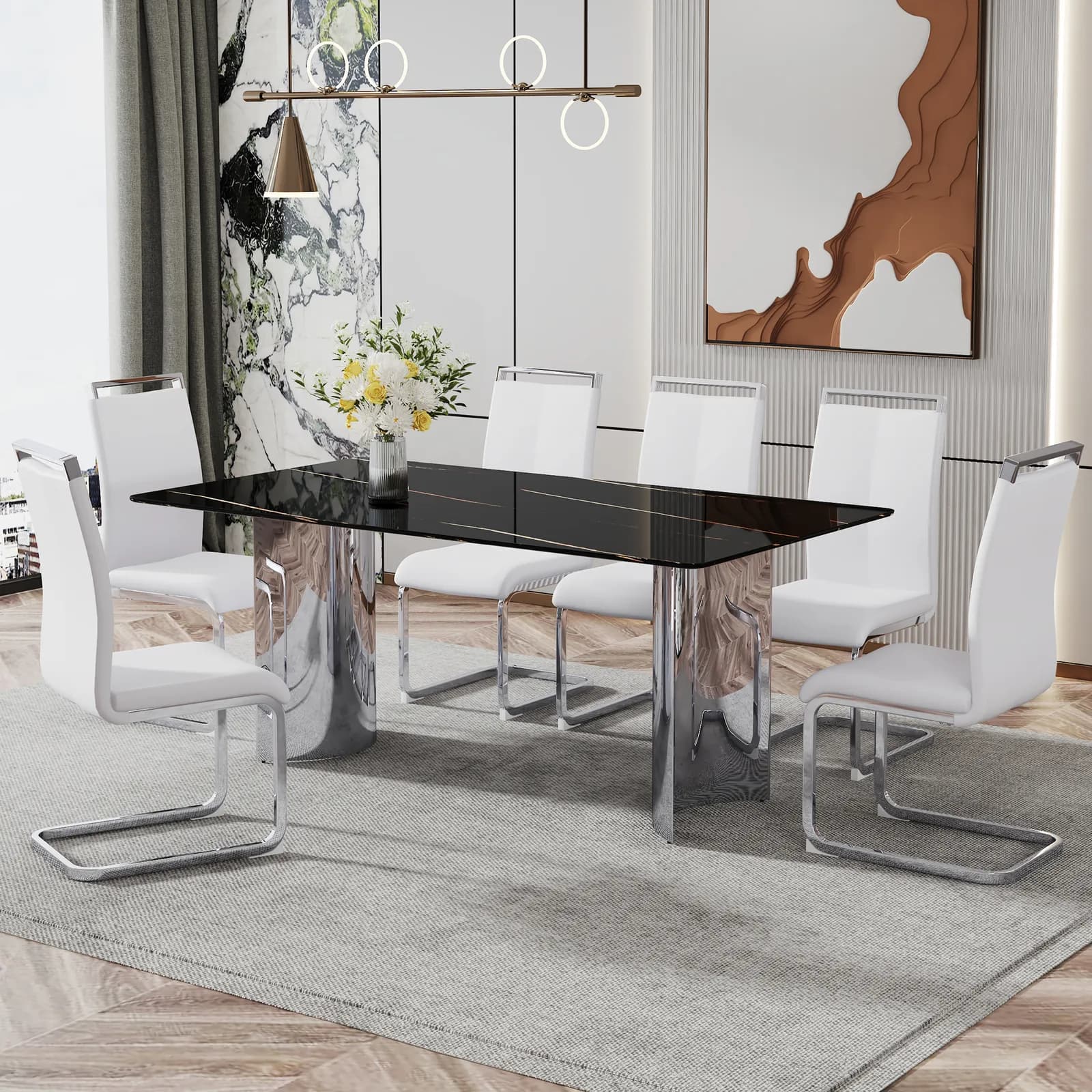 Table and chair set, The table has a glass top with imitation marble pattern stickers and…