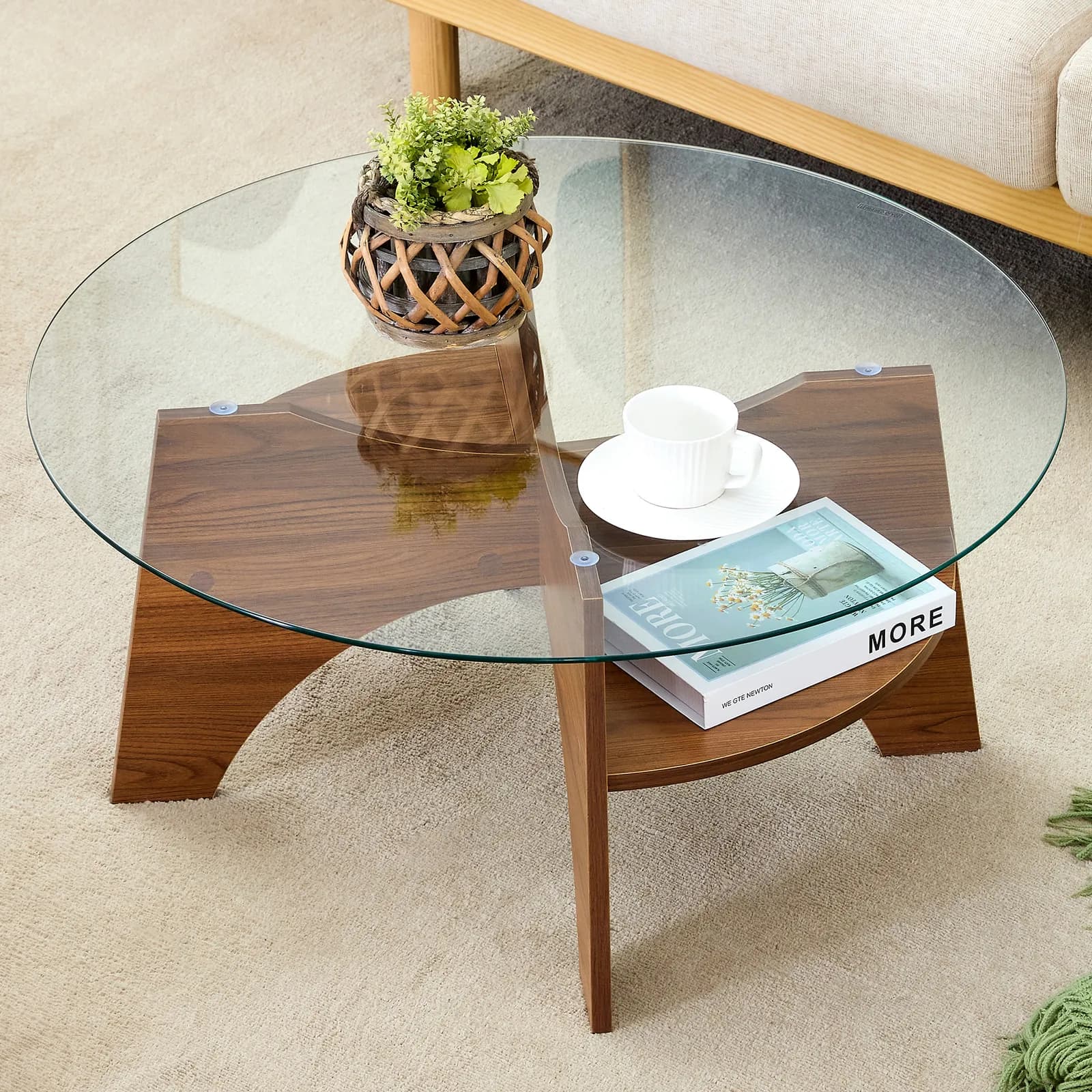 Round Tempered Glass Coffee Table - 31, 5" Diameter, Multi-Functional Design, Fan-Shaped…