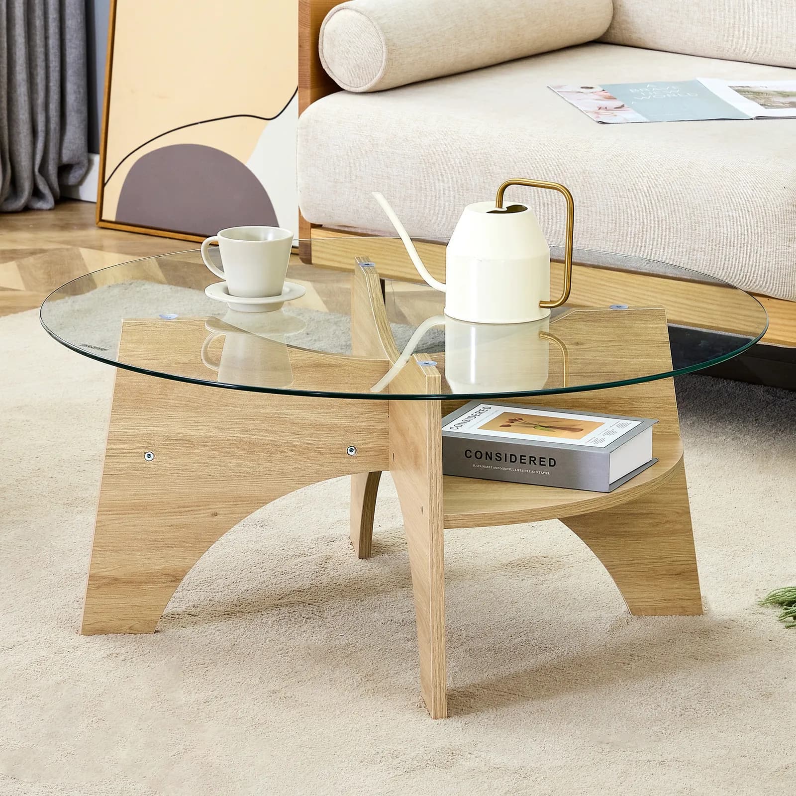 Round Tempered Glass Coffee Table - 31, 5" Diameter, Multi-Functional Design, Fan-Shaped…