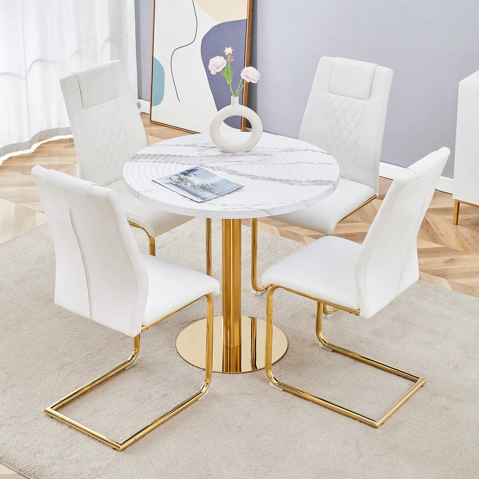 Table and chair set, 31, 5 Inch Elegant White Marble Pattern Round Dining Table - Suction…