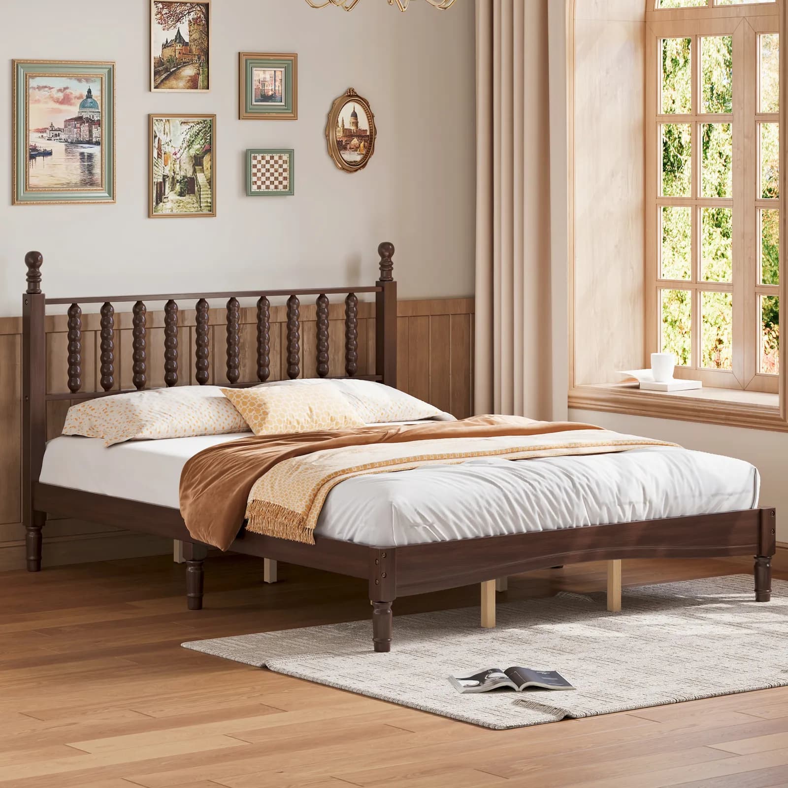 Queen Size Wood Platform Bed with Gourd Shaped Headboard, Retro Style Platform Bed with…
