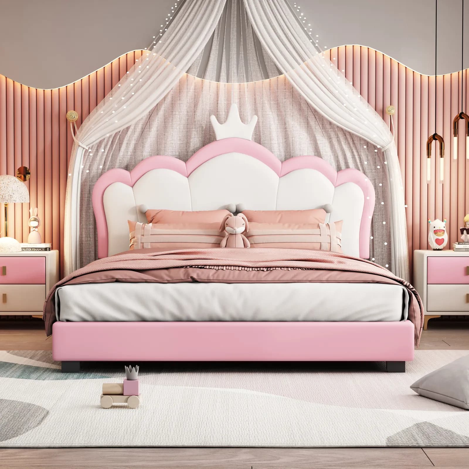 Full size Upholstered Princess Bed With Crown Headboard, Full Size Platform Bed with…