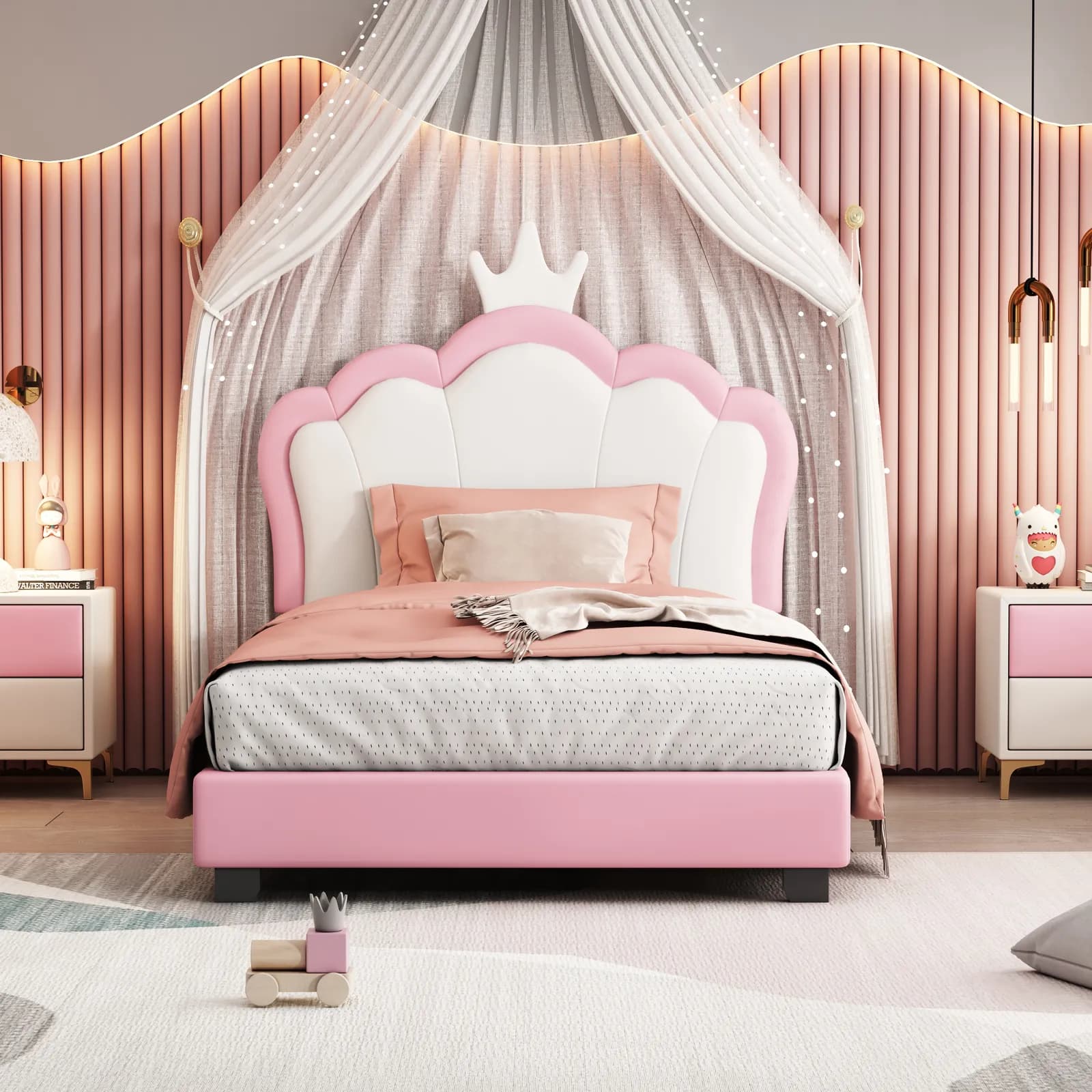 Twin size Upholstered Princess Bed With Crown Headboard, Twin Size Platform Bed with…