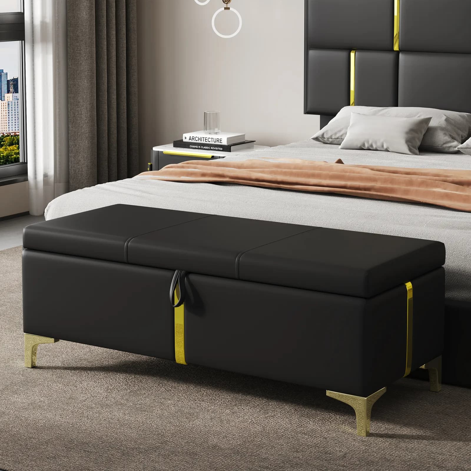 Elegant Upholstered Storage Ottoman, Storage Bench with Metal Legs for Bedroom, Living…