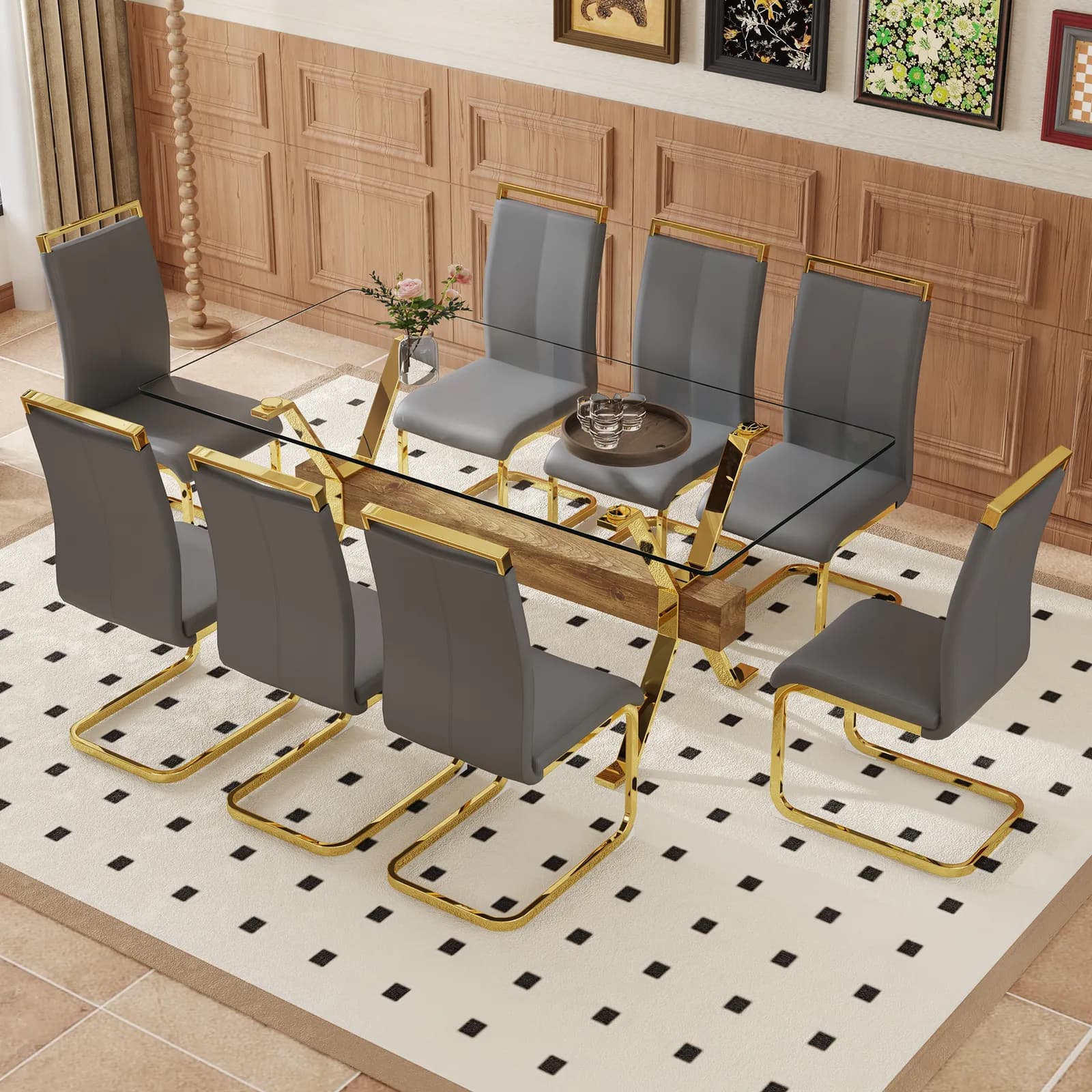 Table and chair set, Elegant Transparent Tempered Glass Dining Set - 71"x35, 4" with 8…