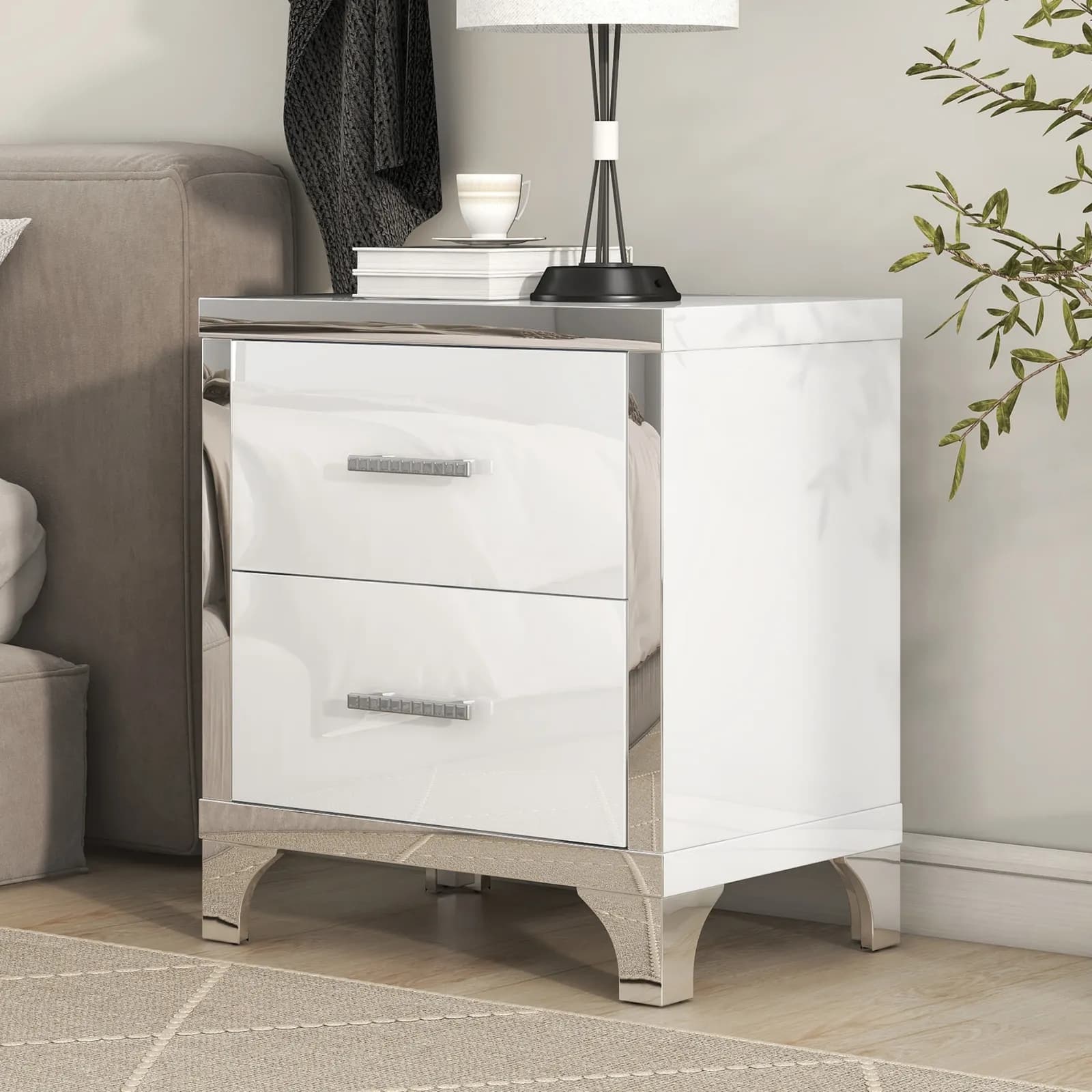 Elegant High Gloss Nightstand with Metal Handle, Mirrored Bedside Table with 2 Drawers…