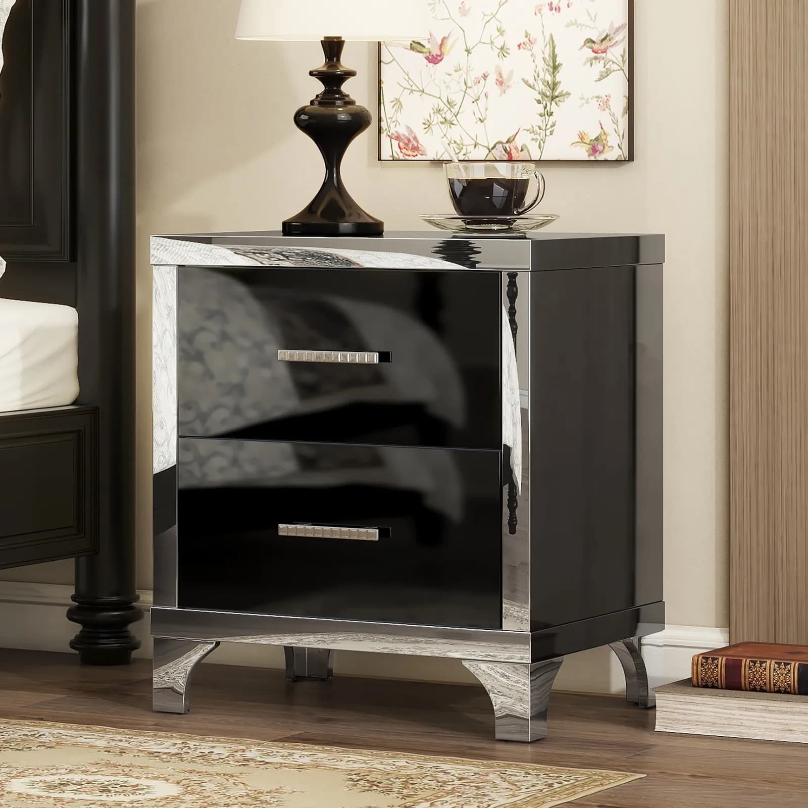 Elegant High Gloss Nightstand with Metal Handle, Mirrored Bedside Table with 2 Drawers…