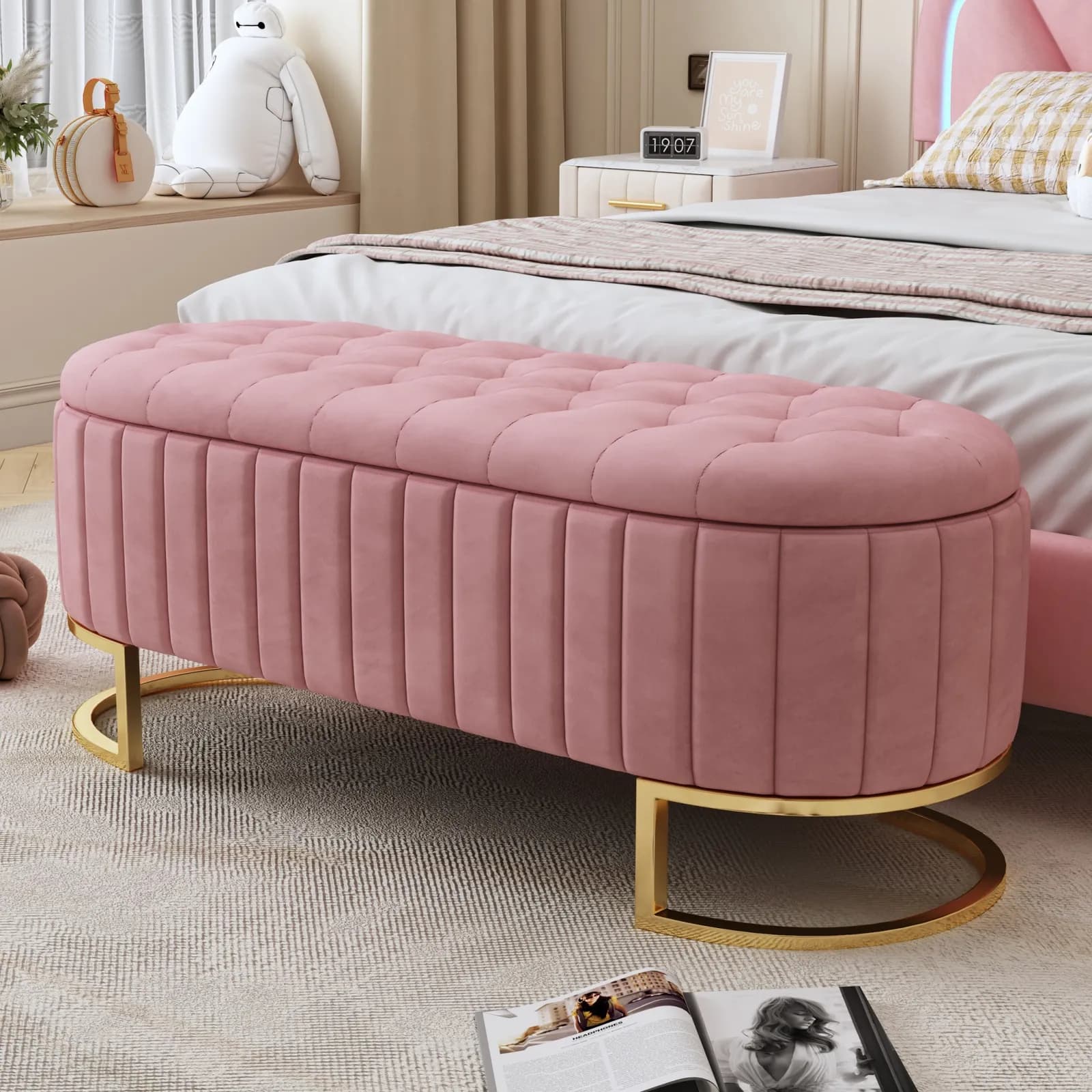 Elegant Upholstered Velvet Storage Ottoman with Button-Tufted, Storage Bench with Metal…