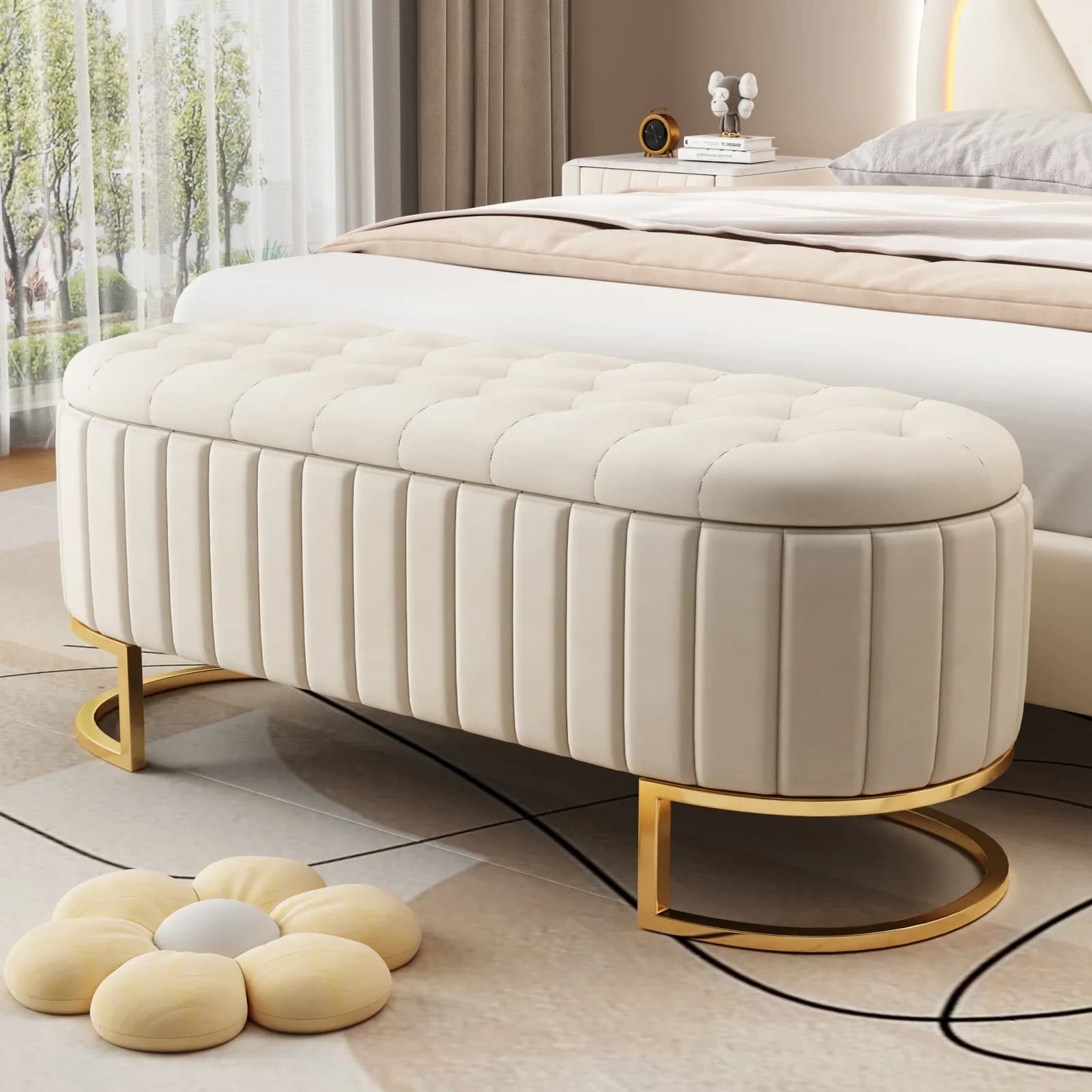 Elegant Upholstered Velvet Storage Ottoman with Button-Tufted, Storage Bench with Metal…