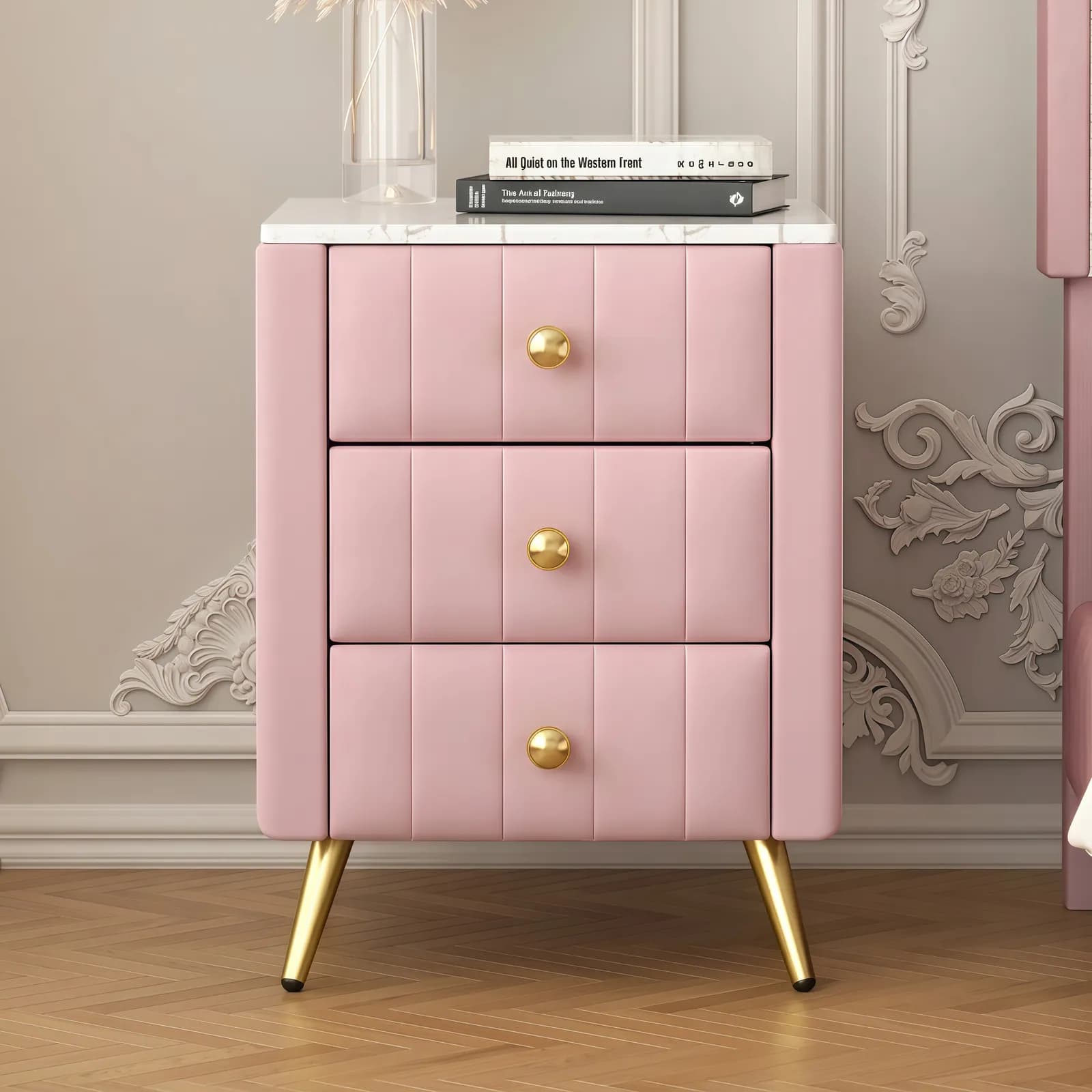Upholstered Wooden Nightstand with 3 Drawers and Metal Legs&Handles, Bedside Table with…