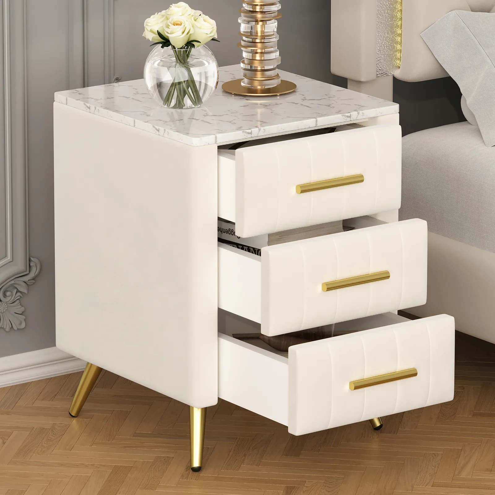 Upholstered Wooden Nightstand with 3 Drawers and Metal Legs&Handles, Bedside Table with…